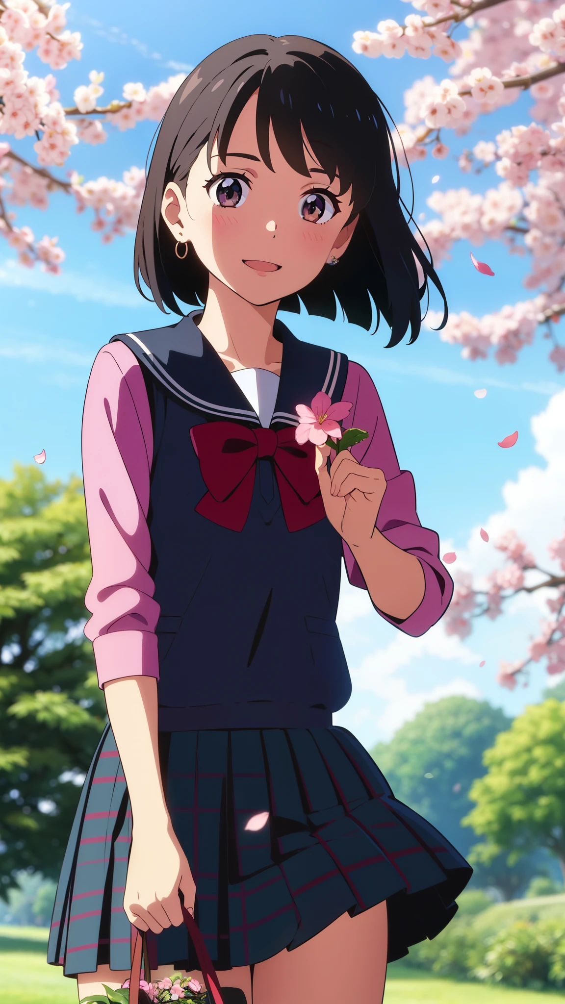 shinkai makoto, kimi no na wa., 1girl, bangs, black hair, blush, round eyes, bright eyes, brown eyes, red headband, red bow, red ribbon, short hair, shinny hair, smile, open mouth, cute, beautiful, shiny skin, looking at the viewer, solo, cute girl, black sailor color, black skirt, plaid skirt, bare shoulders, earrings, cherry_blossoms, falling_petals, petals, branch, pink_flower, blue_sky, spring_season, perfect hands. holding_flower, wind, tree