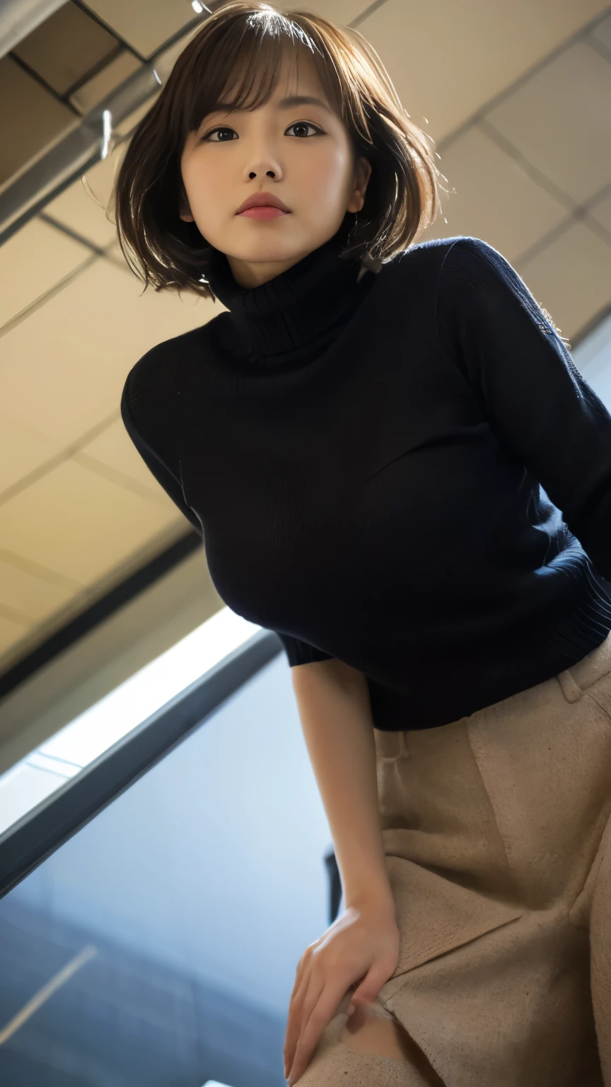 (((1girl)))((best qualtiy, 8K, tmasterpiece:1.3)),((Sharp:1.2, perfect figure beautiful woman:1.4, Slim abs:1.2)), ((Layered Hair Style, huge tit:1.3)),((Highly detailed facial and skin texture,A detailed eye,Black eye,double eyelid, droopy eyes)),(japan girl:1.5)(Brown Hair,Bob Cut)(Turtleneck sweater:1.8),(japan street:1.3)(from below:1.8)
