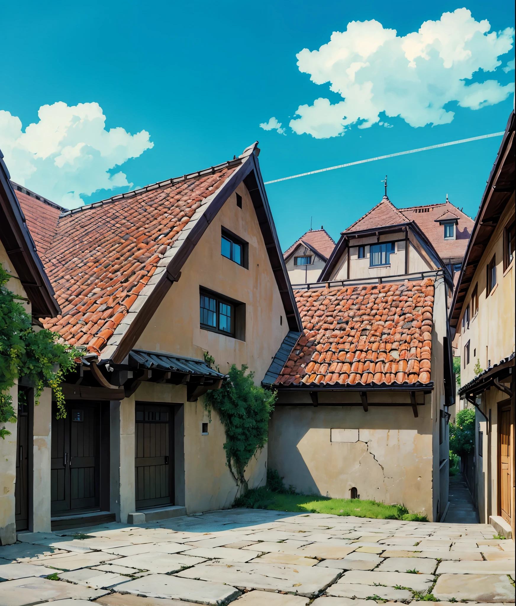 house ghibli, village view, daylight, visible from the front, solid picture