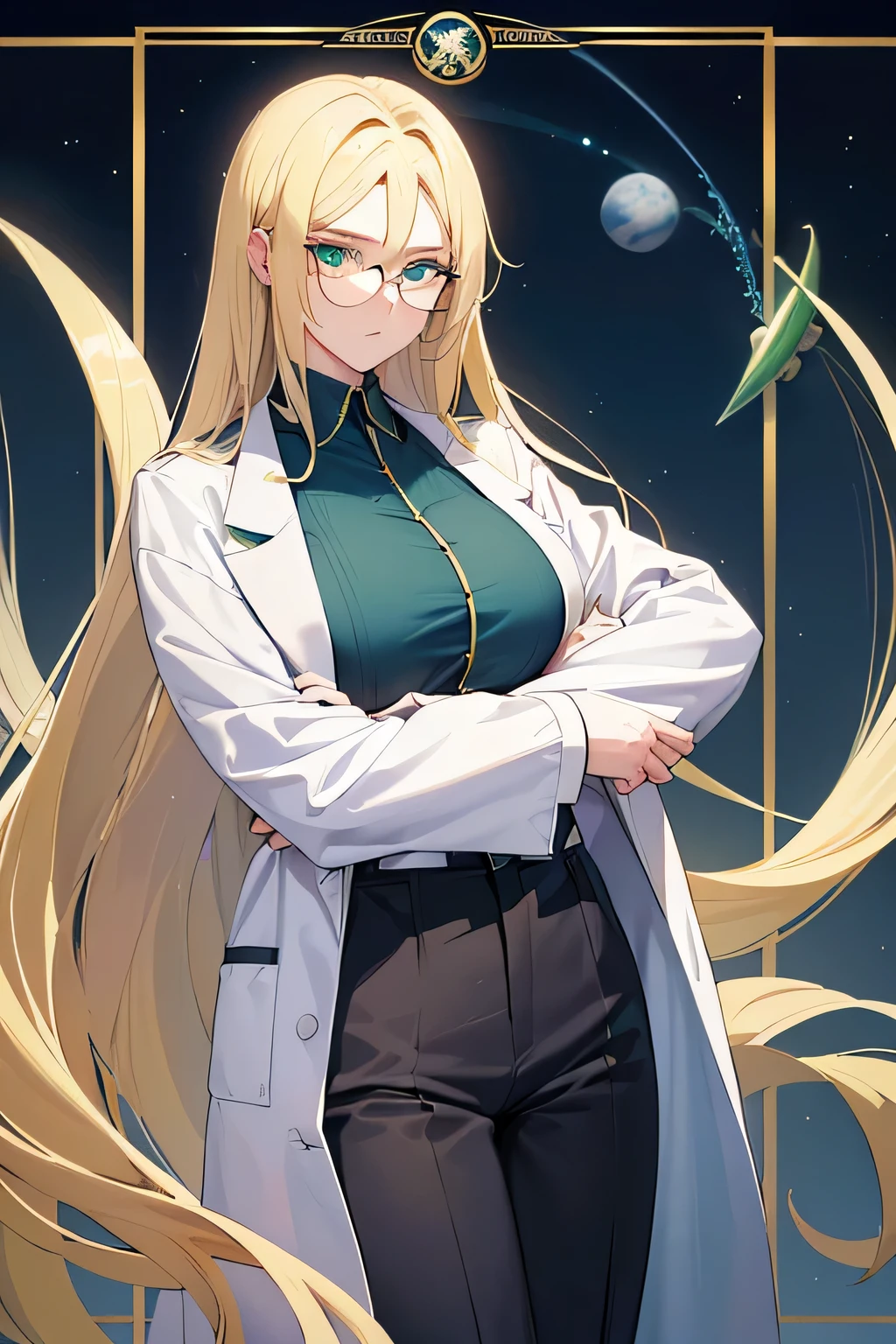 Appearance(long flowing blond hair + black glasses + green eyes + busty + mature appearance) Age(23) Birthday(January 25, 2000) Birthplace(Nova City, Planet Aethera) Zodiac(Aquarius) Weight(57.2 kilograms, 126.1 pounds) Height(165cm, 5.4 feet) Work Outfit(lab coat + blue shirt + blue short pants)