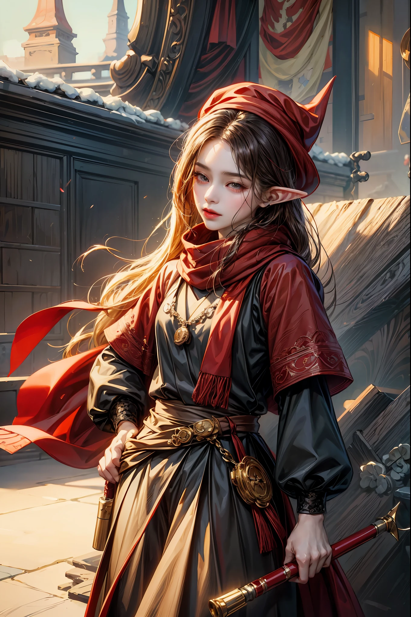 there is a painting of a man in a red hat and red scarf, by Yang J, artwork in the style of guweiz, kawacy, trending on artstation pixiv, guweiz on pixiv artstation, beautiful character painting, guweiz on artstation pixiv, portrait of a young elf wizard, boris valejo. octopath traveler