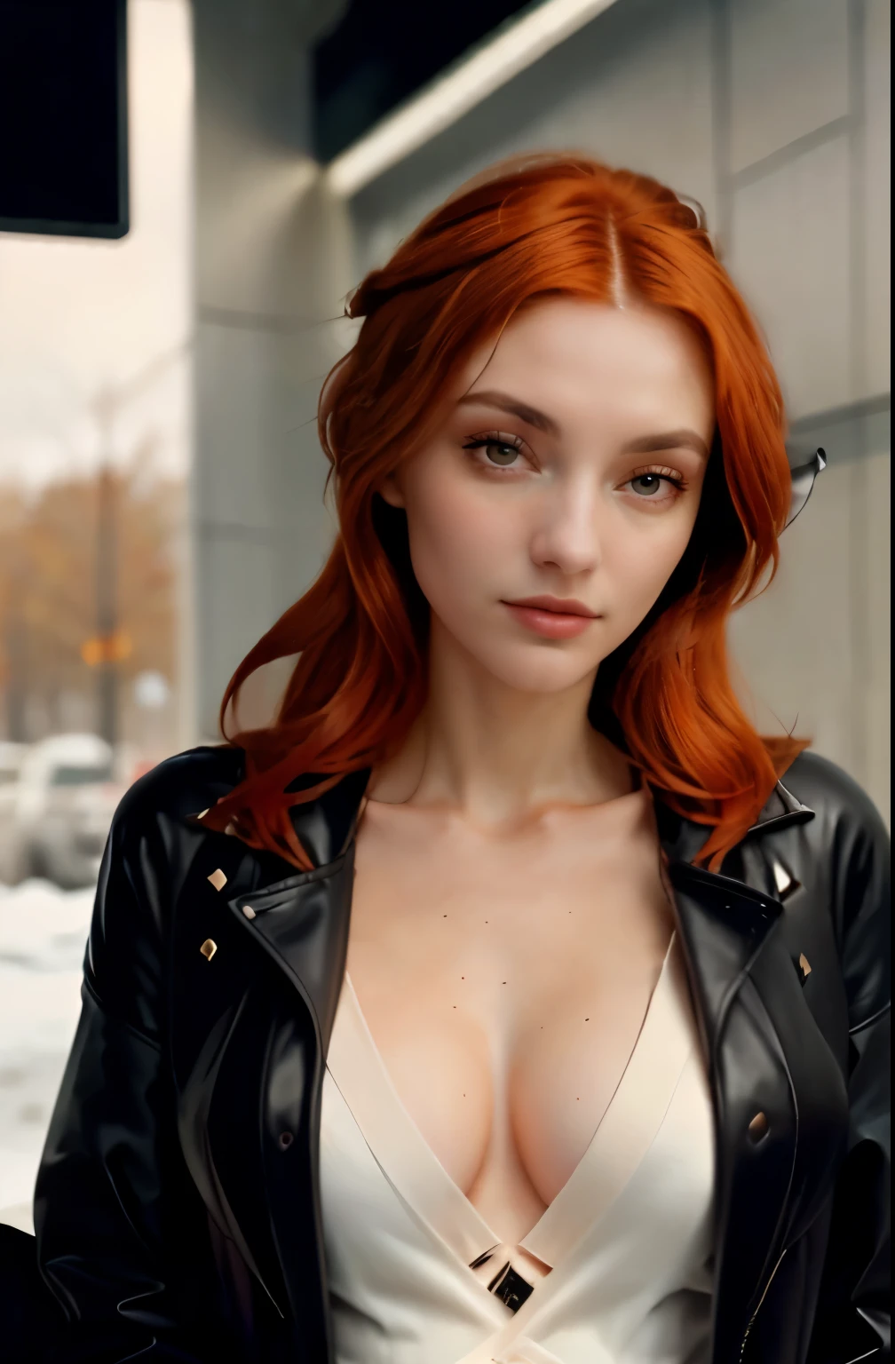 a photo of a seductive woman with loose styled (redhead hair:1.1), bored, she is wearing a hoodie and black leather jacket and leggings, mascara, (textured skin, skin pores:1.1), (moles:0.8), imperfect skin, goosebumps, flawless face, (light freckles:0.9), ((photorealistic):1.1), (raw, 8k:1.3),