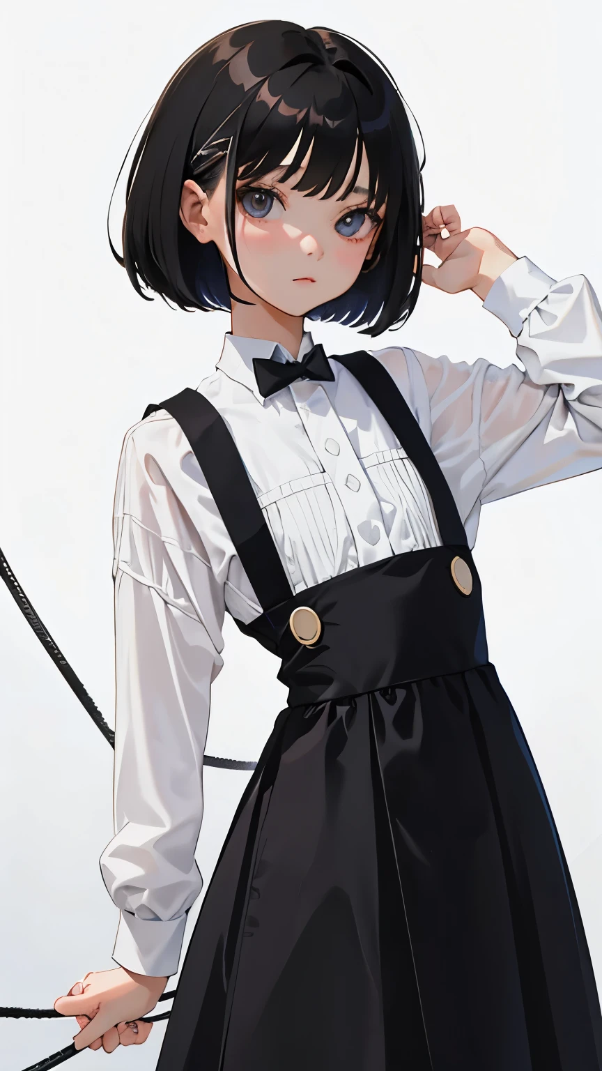 (short cute girl, young studeg delicate girl),(masterpiece,Top quality),pinafore,black medium bob,sleepy,white background