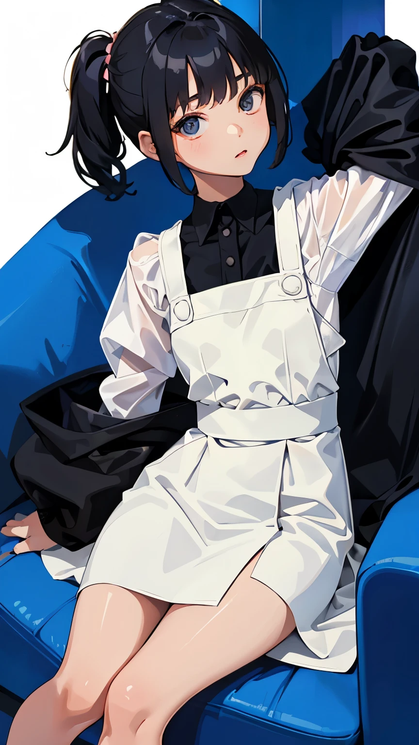 (short cute girl,small young student,young delicate girl),(masterpiece,Top quality),pinafore,black medium bob,sleepy,white background