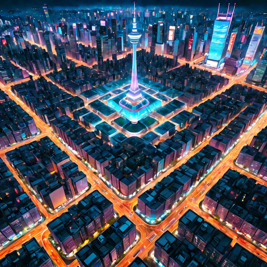 Aerial View, aesthetic, extremely detailed, Bird's Eye View, Exquisite, High-resolution, Photography, Aerial Shot, Cityscape, Urban Skyline, Futuristic City, Dynamic Lighting, Luminous, Cinematic, Drone, Aerial, Todd McFarlane, Frank Miller, Neo-Tokyo, Dreamcore, Vibrance, Filters Coolness, Fujifilm.