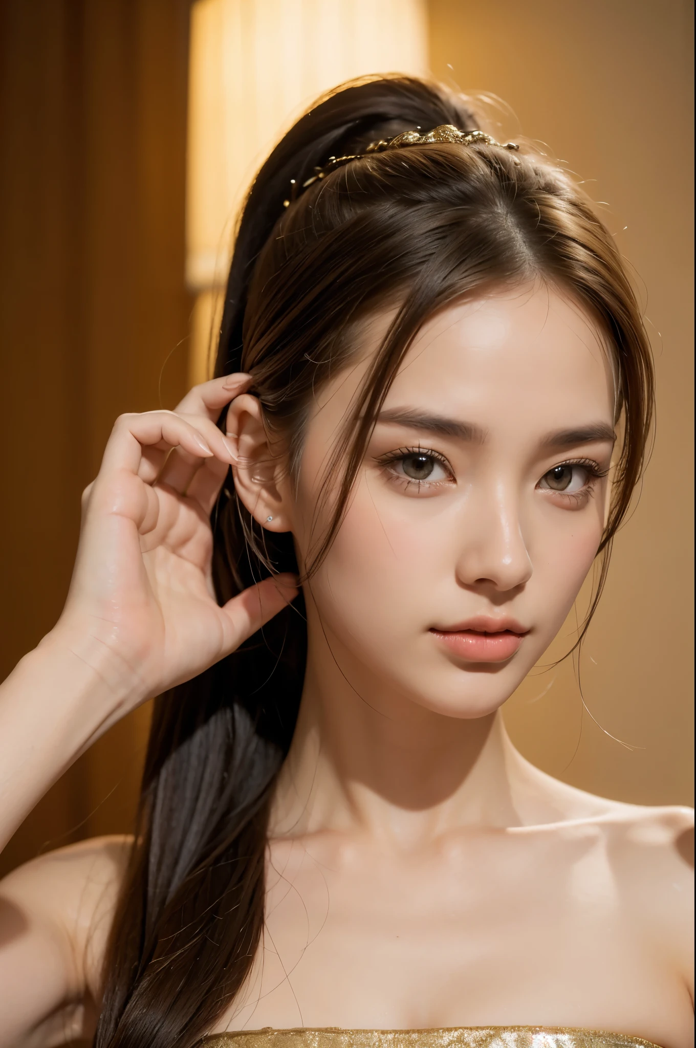 Masterpiece, (best quality), beautiful woman, ponytail, Fine texture of the skin,(The details of the face are very beautiful.)(best quality:1.4), raw photos, glossy lips, expressive eyes, movie light, Perfect Figure, full body, bare, Gold background,Hand showing diamond ring