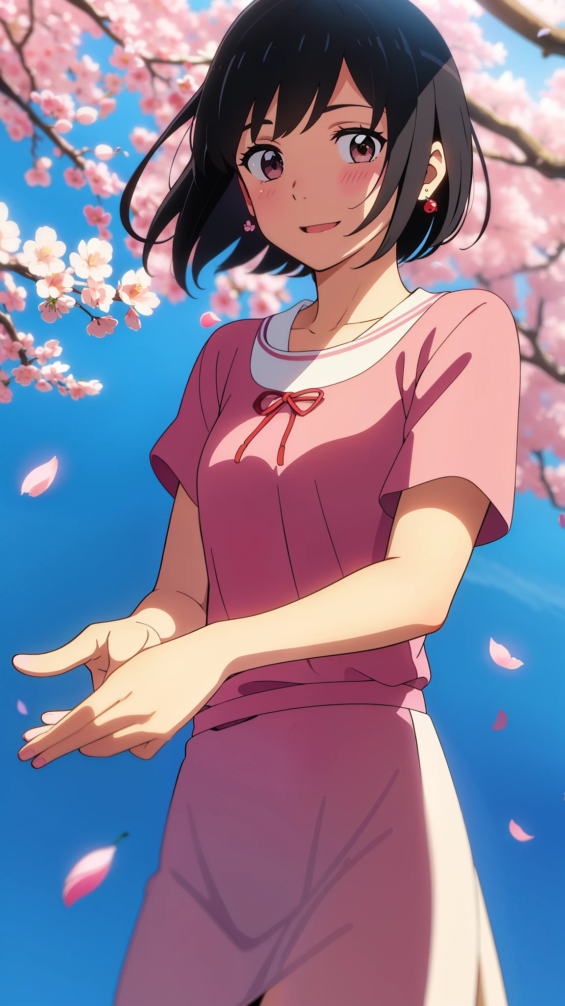 shinkai makoto, kimi no na wa., 1girl, bangs, black hair, blush, round eyes, bright eyes, brown eyes, red headband, red bow, red ribbon, short hair, shinny hair, smile, open mouth, cute, beautiful, shiny skin, looking at the viewer, solo, cute girl, white dress with cherry blossoms, short sleeves, earrings, cherry_blossoms, falling_petals, petals, branch, pink_flower, blue_sky, spring_season, perfect hands. holding_flower, wind, tree