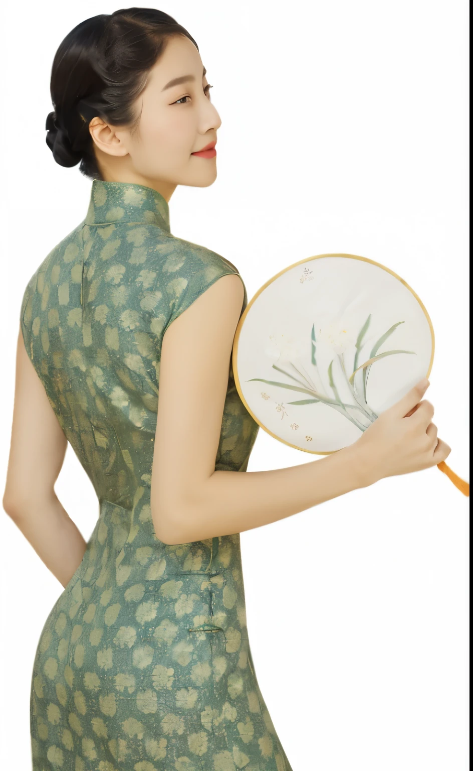 araffe woman in a green dress holding a fan and looking away, cheongsam, chinese dress, traditional chinese clothing, chinese woman, inspired by Yun Shouping, wearing a blue qipao dress, chinese style, traditional chinese, in a blue qipao, chinese costume, back - view, inspired by Fan Qi, chinese art, back view