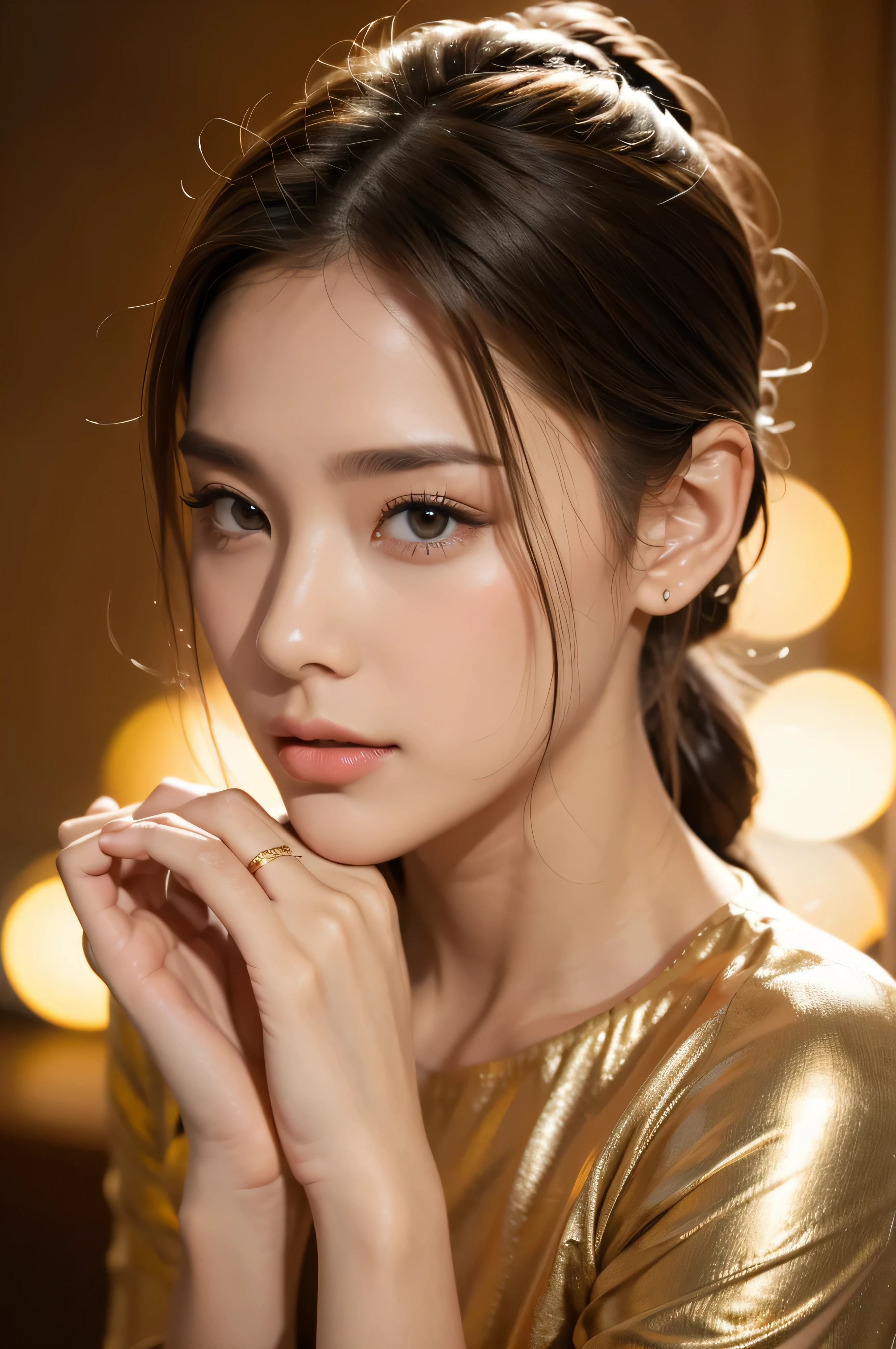 Masterpiece, (best quality), beautiful woman, ponytail, Fine texture of the skin,(The details of the face are very beautiful.)(best quality:1.4), raw photos, glossy lips, expressive eyes, movie light, Perfect Figure, full body, bare, Gold background,Hand showing diamond ring