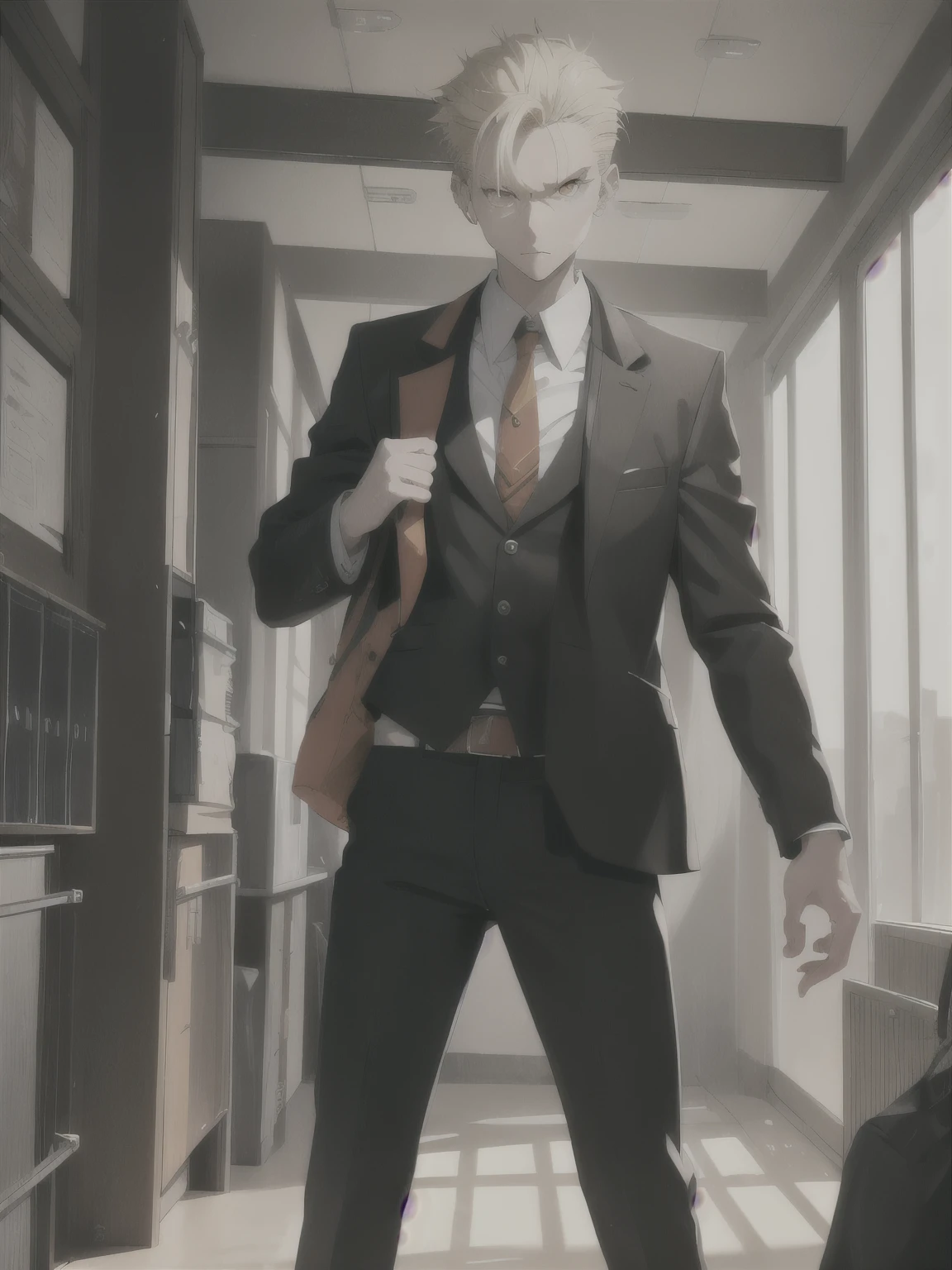 He has sharp ash blonde hair, sticking out in different directions, orange eyes, sometimes appearing red, and constantly furrowed eyebrows. In high school he wore a standard school uniform, except for the tie. He wore a shirt under his jacket, which I never fully zipped up. His pants, despite the presence of a belt, they were always at half-mast, taking on a baggy look.