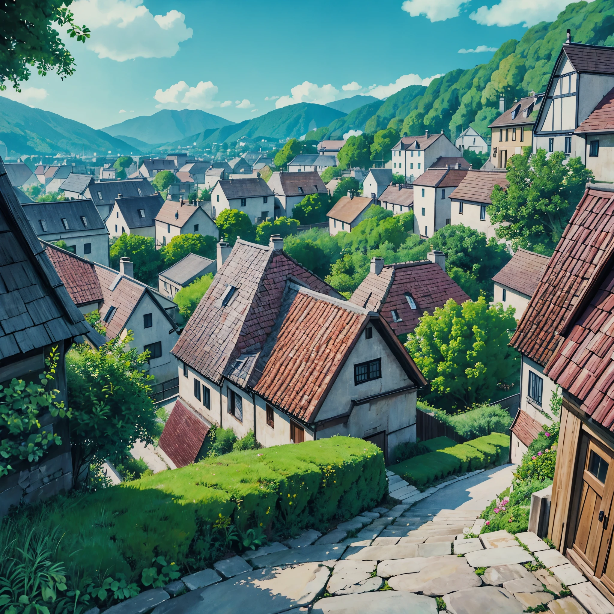 house ghibli, village view, daylight, visible from the front, solid picture