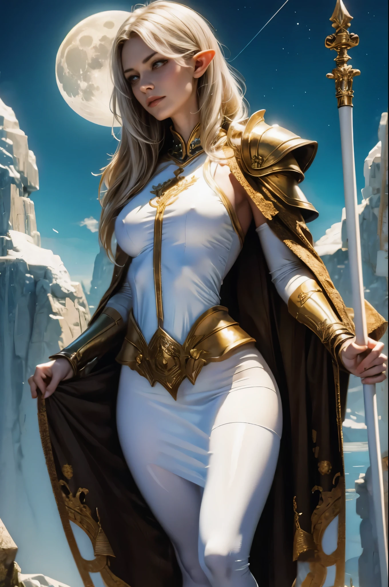 (SFW:1.5). Generate an image of a female half-elf cleric named Liralyn. She stands at 5'4”with a slender yet curvaceous build, with long, wavy golden hair that reaches her mid-back and piercing emerald green eyes. She has delicate elven features, including high cheekbones, huge breasts, and a small, button nose. (She has elven pointed ears:0.1). She wears a suit of leather armor, with a white tabard emblazoned with the holy symbol of Selûne, the goddess of the moon. Beneath her armor, she wears a simple white undershirt and tan leggings. She carries a wooden quarterstaff adorned with silver inlay and a small pouch containing healing potions and spiritual tokens. Her expression is serious, yet compassionate, reflecting her commitment to her religious duties and her dedication to helping others. No bra