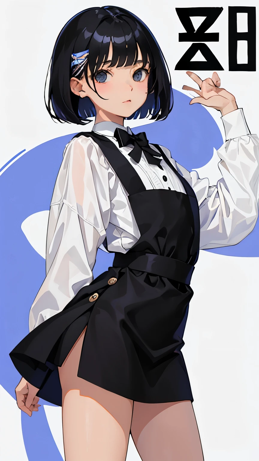 (short cute girl，small young student，young delicate girl）,（masterpiece，Top quality)，pinafore，black medium bob，sleepy，white background