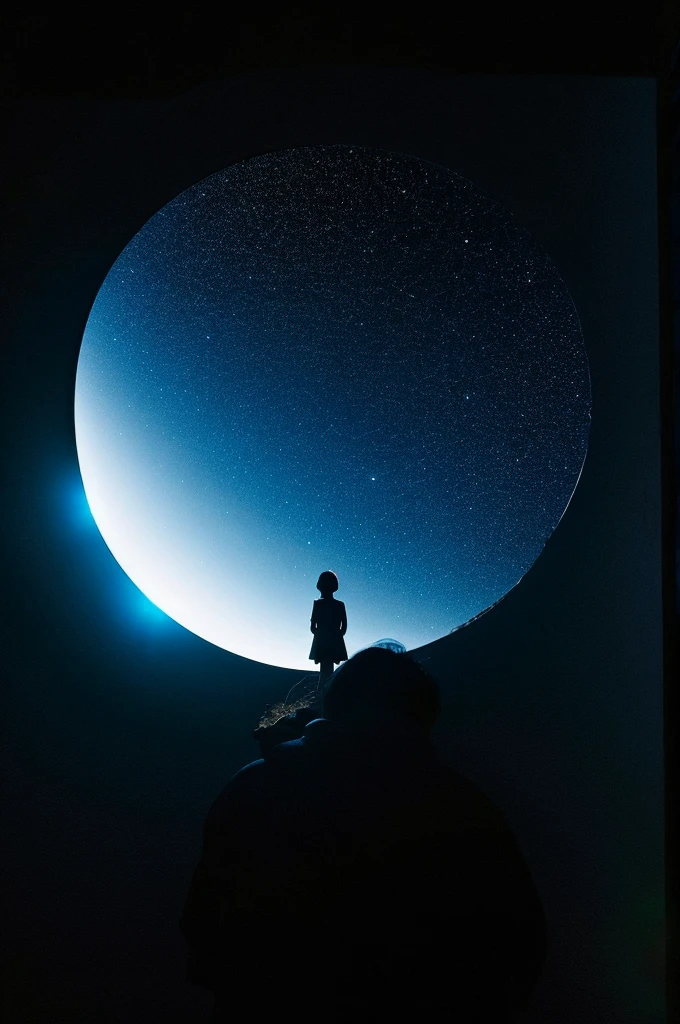 highest quality,big moon and shadow,A silhouette of a person can be seen against the background of the big moon.,There is one full moon,There is a mood,beautiful scenery,starry sky