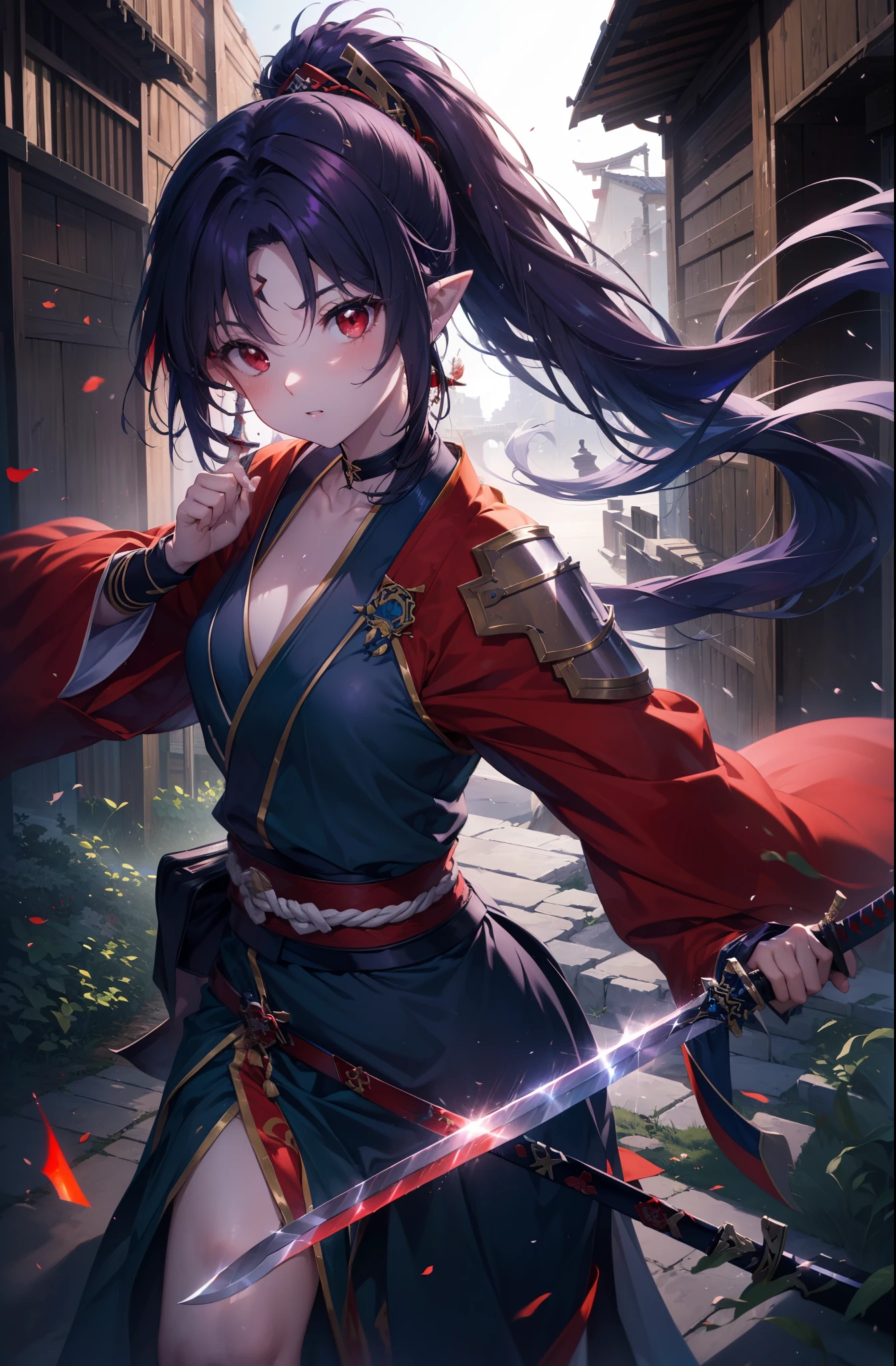 yuukikonno, Yuki Konno, hair band, long hair, pointy ears,ponytail, purple hair, (red eyes:1.5), (small breasts:1.2), open your mouth,dynamic pose,red kimono,bat\U014D Jiu Jitsu Swing, sword, (Retaining sheath,:1.2)  ,Purple too,white foot bag,grass sandals,(japanese sword:1),(holding_japanese sword:1)
break looking at viewer, Upper body, whole body,
break outdoors, medieval europe cityscape,
break (masterpiece:1.2), highest quality, High resolution, unity 8k wallpaper, (shape:0.8), (thin and beautiful eyes:1.6), highly detailed face, perfect lighting, Very detailed CG, (perfect hands, perfect anatomy),