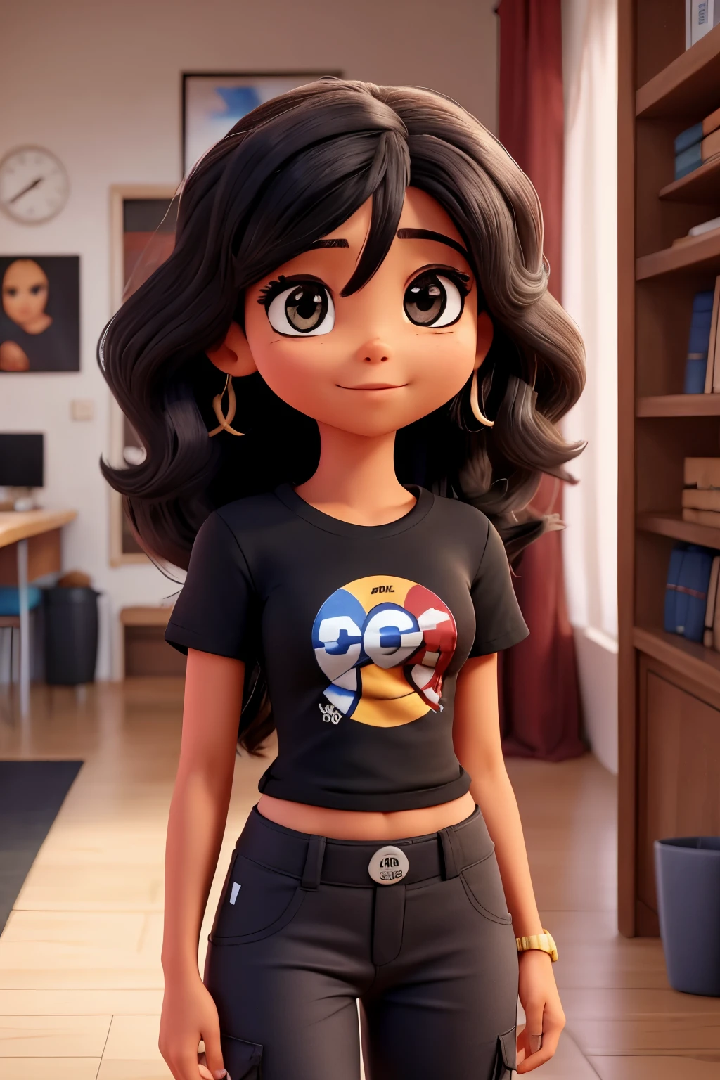 Crie uma de 18 anos, olhos castanhos grande, cabelo ondulado vermelho vivo e longos. Pele morena clara. Black t-shirt and pants