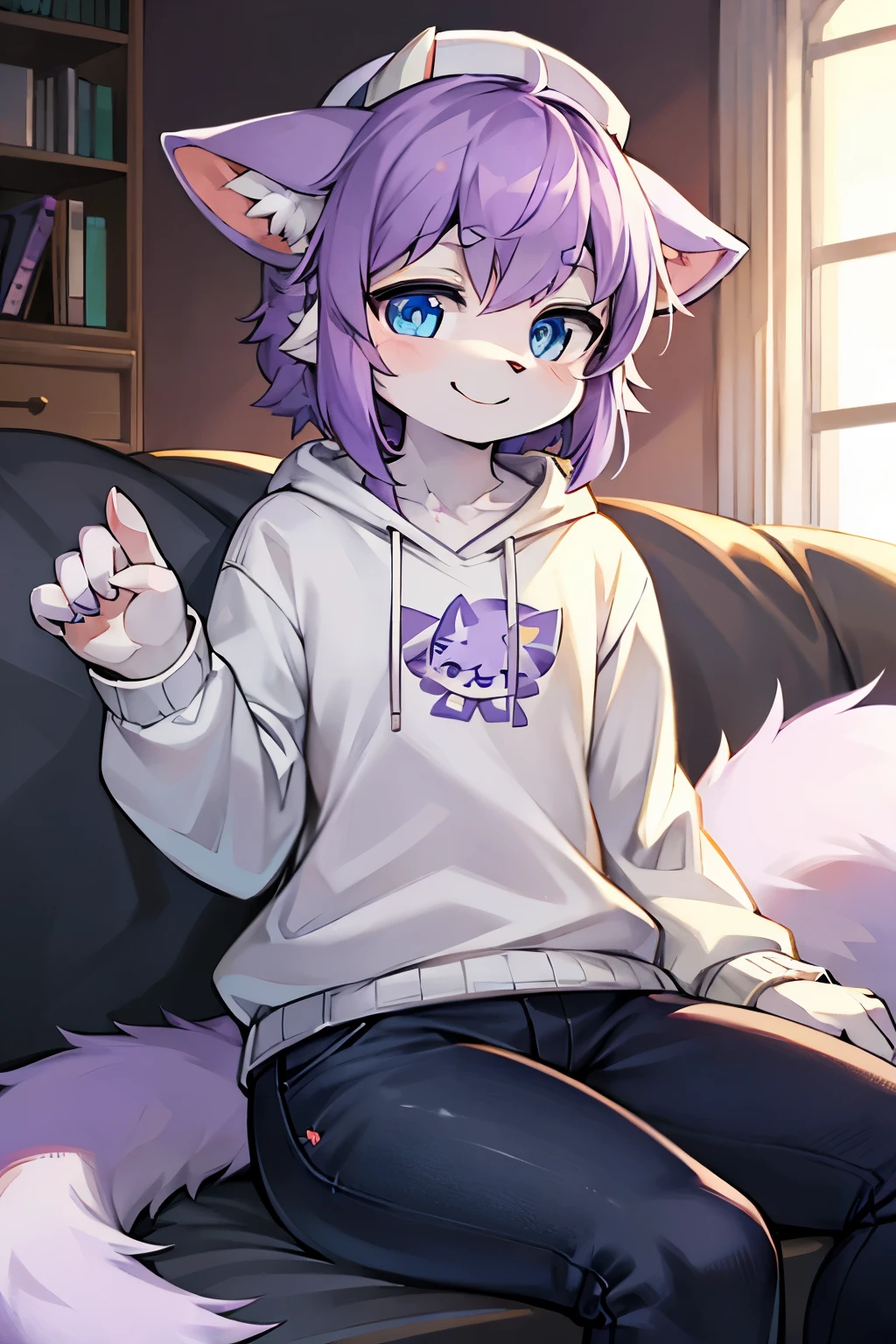 Anime girl with purple hair and blue eyes sitting on a couch - SeaArt AI