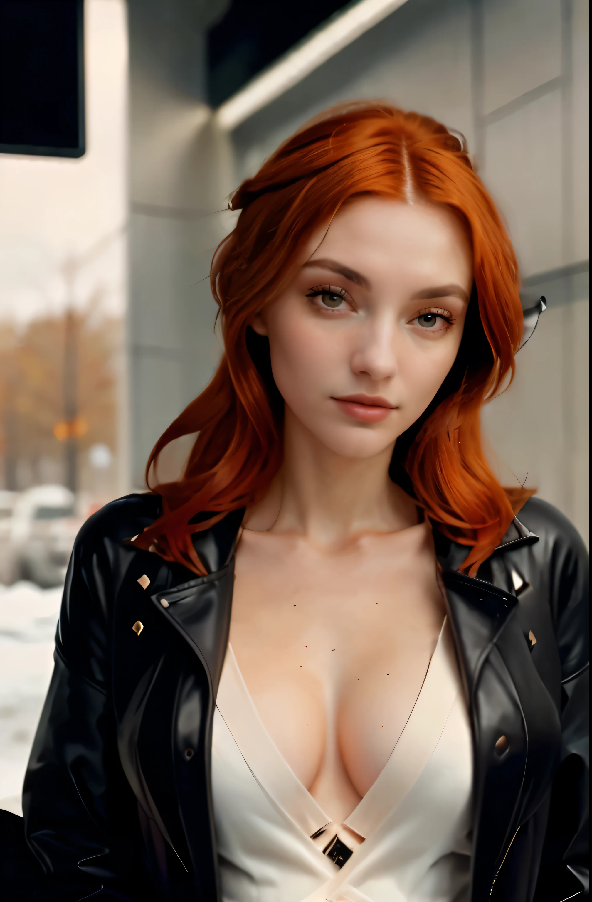 a photo of a seductive woman with loose styled (redhead hair:1.1), bored, she is wearing a hoodie and black leather jacket and leggings, mascara, (textured skin, skin pores:1.1), (moles:0.8), imperfect skin, goosebumps, flawless face, (light freckles:0.9), ((photorealistic):1.1), (raw, 8k:1.3), 