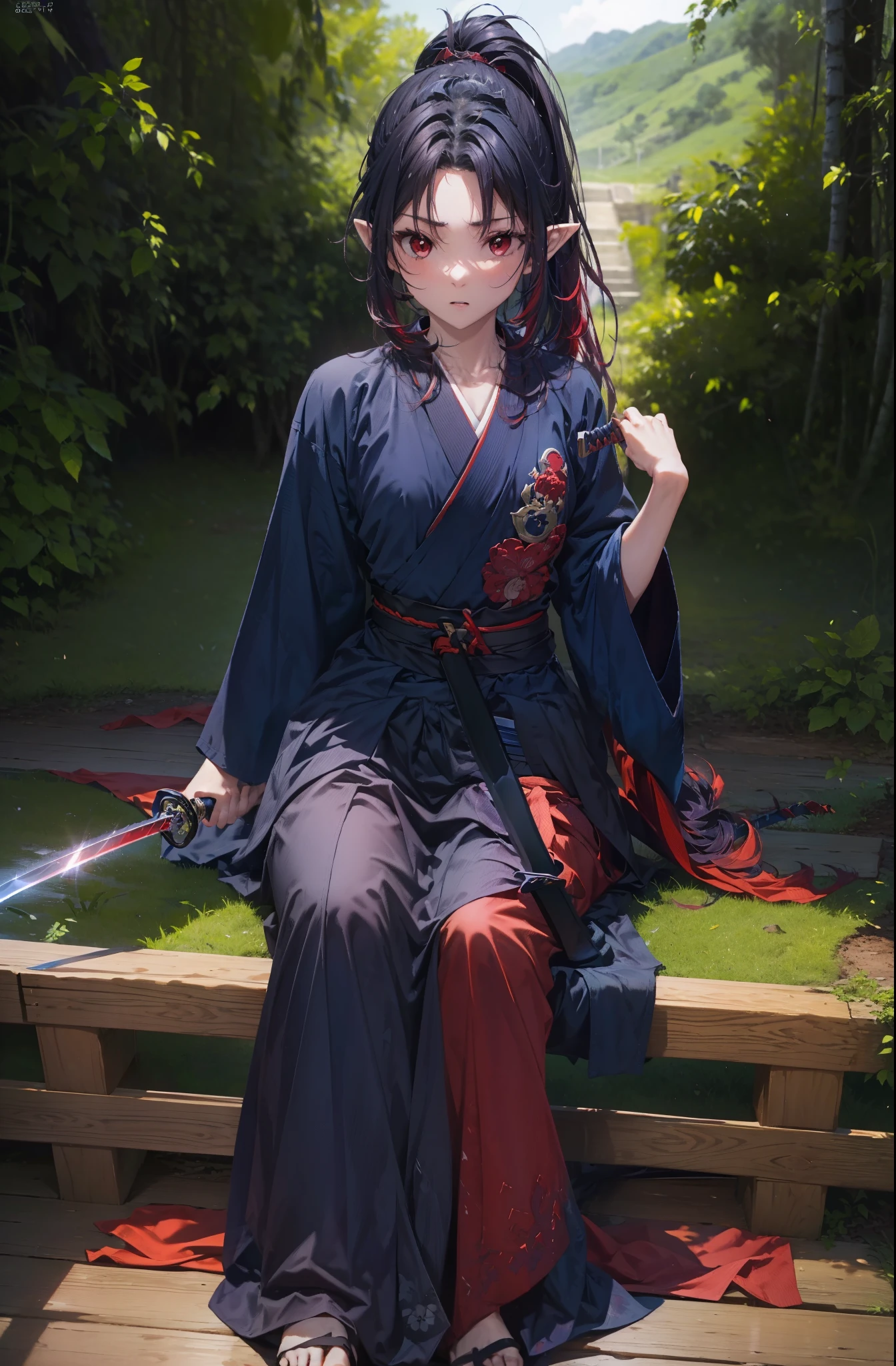 yuukikonno, Yuki Konno, hair band, long hair, pointy ears,ponytail, purple hair, (red eyes:1.5), (small breasts:1.2), open your mouth,dynamic pose,red kimono,bat\U014D Jiu Jitsu Swing, sword, (Retaining sheath,:1.2)  ,Purple too,white foot bag,grass sandals,(japanese sword:1),(holding_japanese sword:1)
break looking at viewer, Upper body, whole body,
break outdoors, medieval europe cityscape,
break (masterpiece:1.2), highest quality, High resolution, unity 8k wallpaper, (shape:0.8), (thin and beautiful eyes:1.6), highly detailed face, perfect lighting, Very detailed CG, (perfect hands, perfect anatomy),