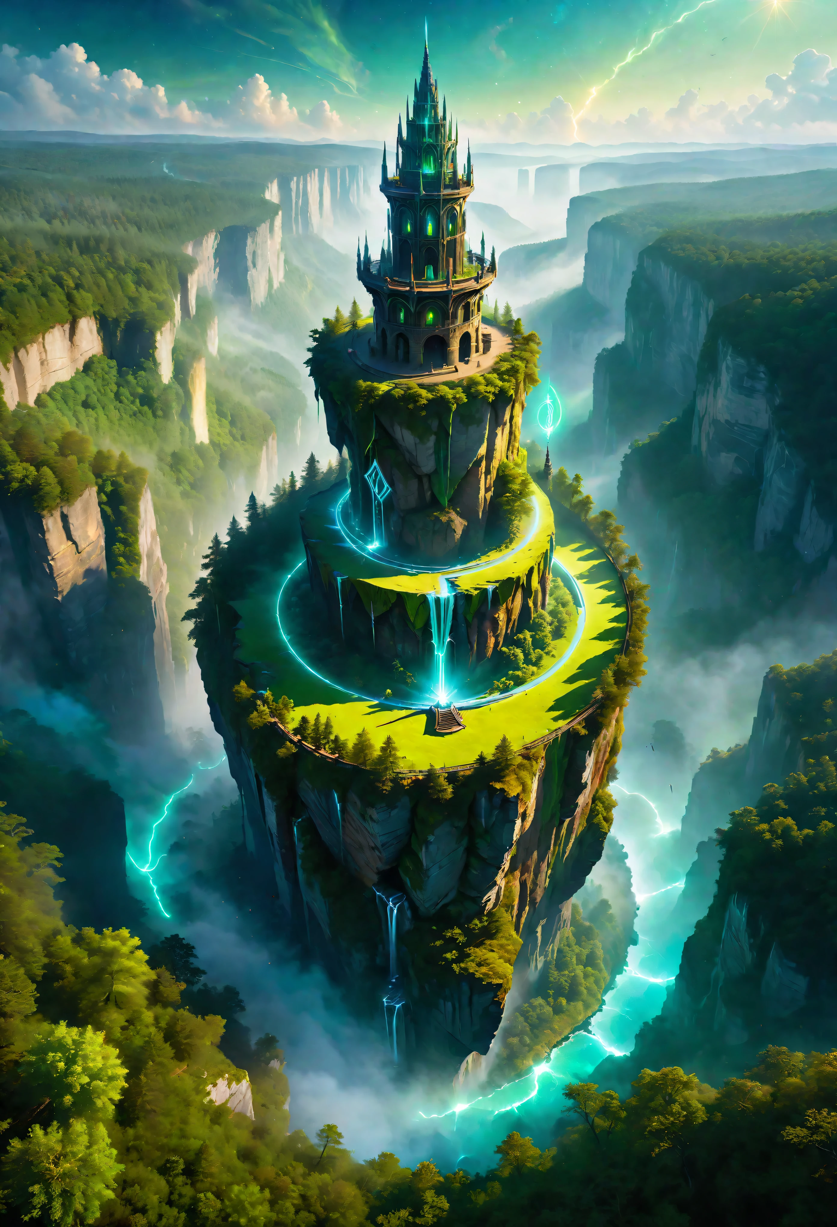 Aerial view of Towering steep and towering high magic tower in a cliff, wild forest, magical mist, asymmetric magic circle cliff canyon, ((Aerial view):1.2), (glowing runes), (glowing sigil), Coexistence with the natural environment, magic circle tower, lush colorful wild forest, beautiful landscape, magic tower, extremely detailed, best quality, masterpiece, high resolution, Hyperrealistic, 8K, top-view,  high angle view, BlueColor Palette, Minimalism.