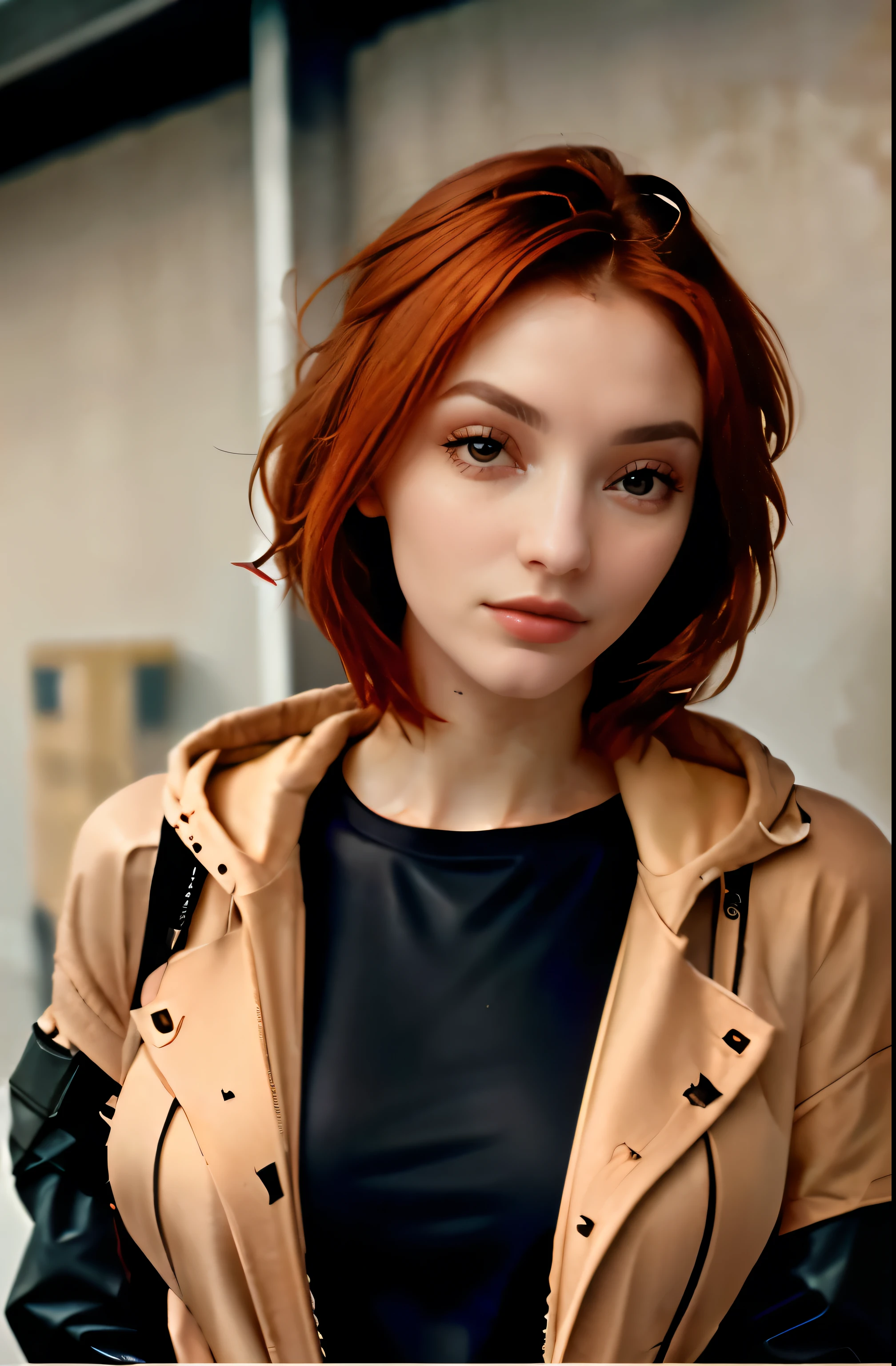 a photo of a seductive woman with loose styled (redhead hair:1.1), bored, she is wearing a hoodie and black leather jacket and leggings, mascara, (textured skin, skin pores:1.1), (moles:0.8), imperfect skin, goosebumps, flawless face, (light freckles:0.9), ((photorealistic):1.1), (raw, 8k:1.3), 