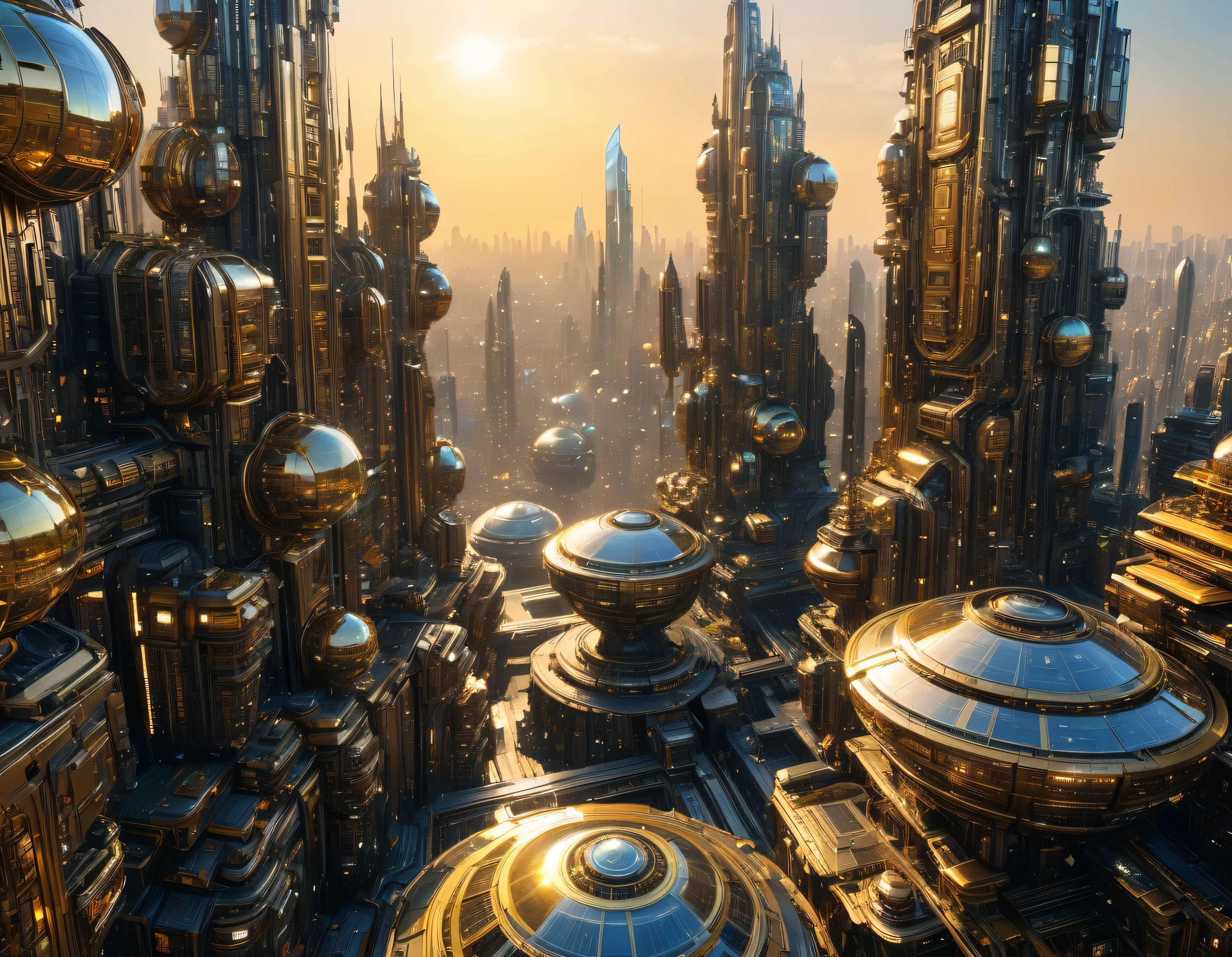 (golden hour lighting), megacity, megalopolis of an imaginary world of science fiction and maximum fantasy, con inmensos edificios ovalados , rascacielos y dodecaedricos agrupados de metal y cristal donde predomina el oro. imagen bien definida 8k, (intrincados detalles de la maquina), con muchos edificios juntos.(obra maestra de superior calidad).(imagen fotorrealista), nitidez absoluta hasta el fondo.