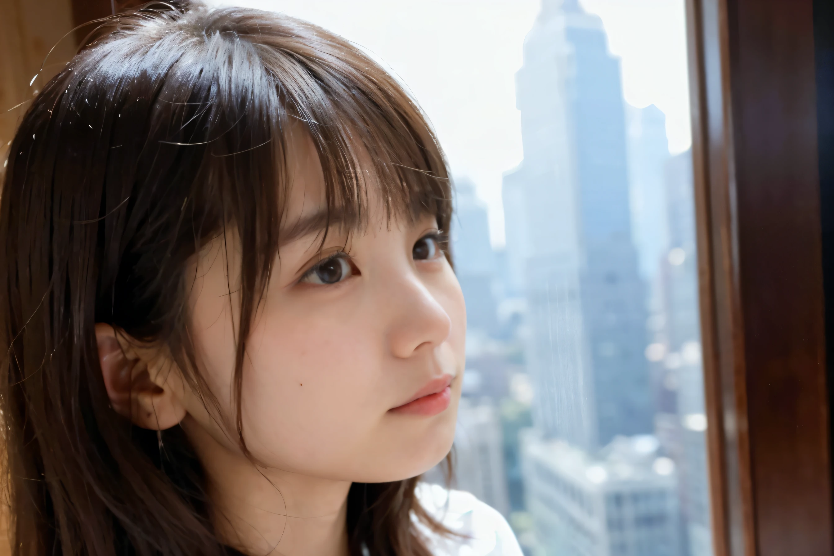 woman'profile、highest quality、Smiling、17 year old girl、written boundary depth, background blur, focus of the eye, 85mm lens, BreastsF/1.4, professional lighting, photon mapping, radio city, Physically based rendering, high detail, pieces fly,