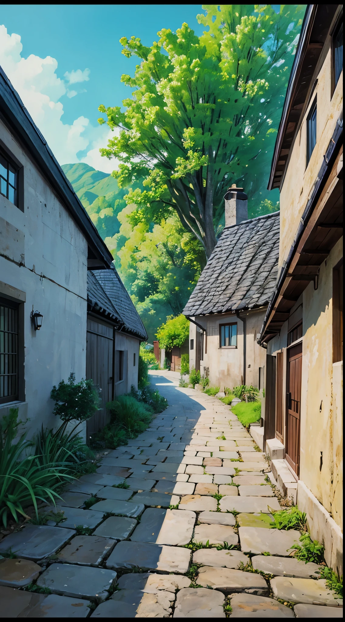 house, village view, daylight, visible from the front, solid picture