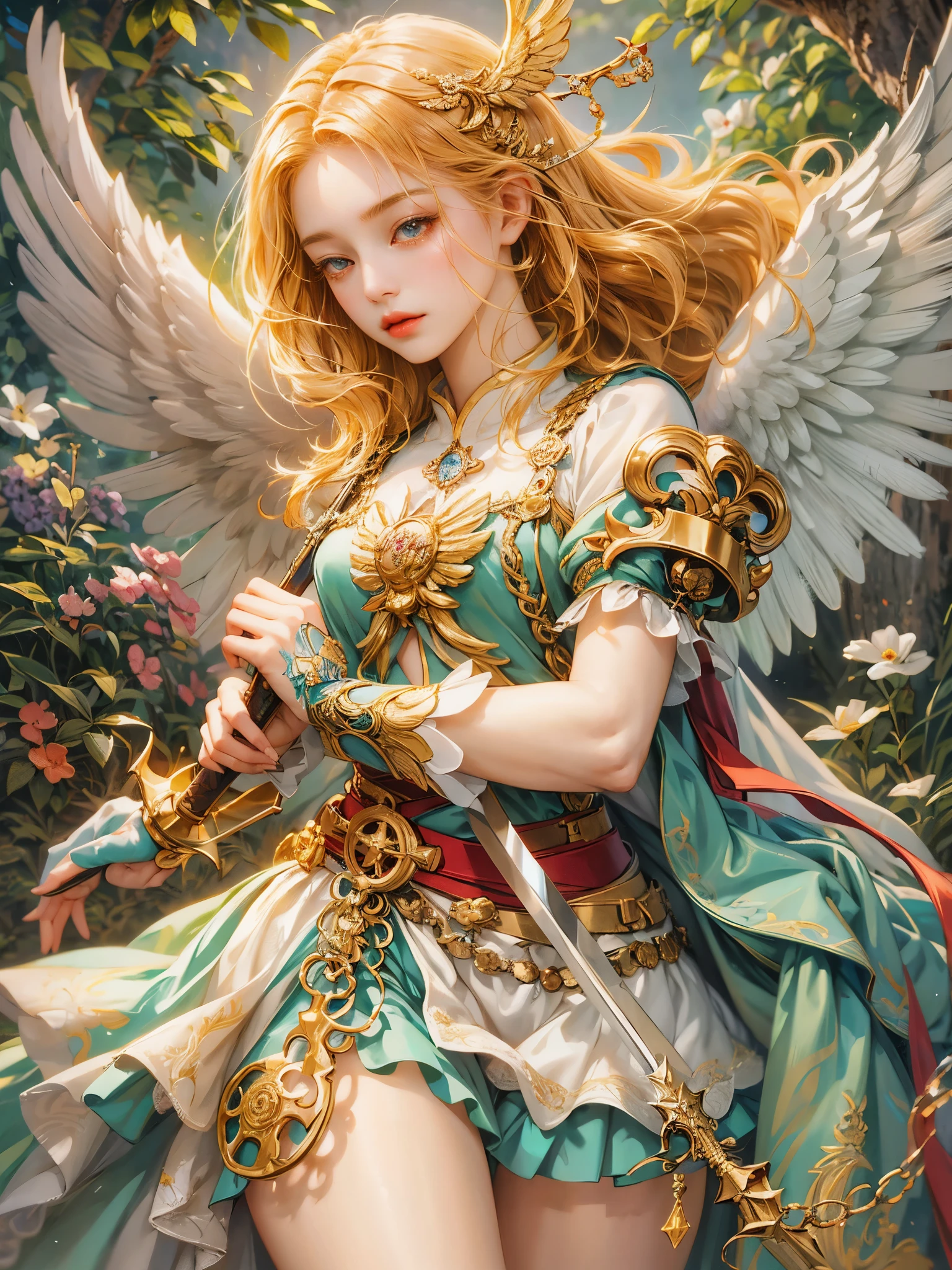 anime girl with a sword and wings holding a bird, angel knight girl, by Yang J, anime fantasy illustration, anime fantasy artwork, full - body majestic angel, of beautiful angel, beautiful angel, portrait of a beautiful angel, high detailed official artwork, trending on artstation pixiv, detailed digital anime art, extremely detailed artgerm, young wan angel