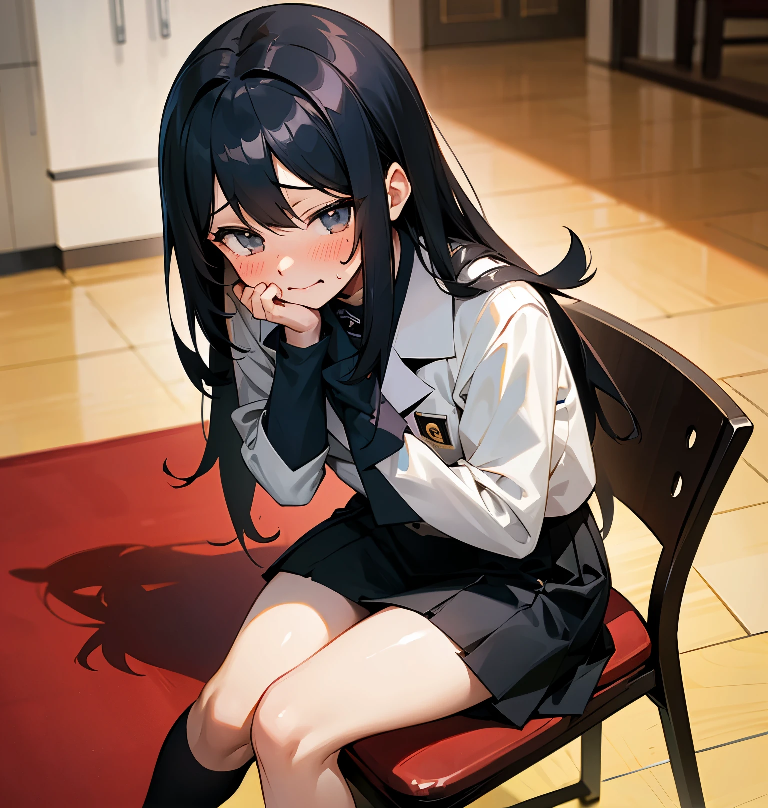 Cute embarrassed face Uniform Long black hair Sitting on a chair Thighs Skirt