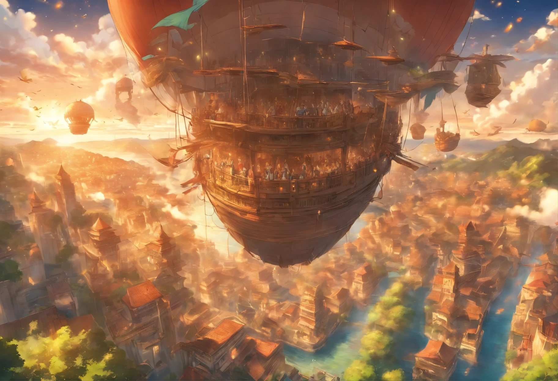 Ancient civilizations that once flourished, gorgeous sights, and groups of airships passing by, bird's eye view, aerial view
