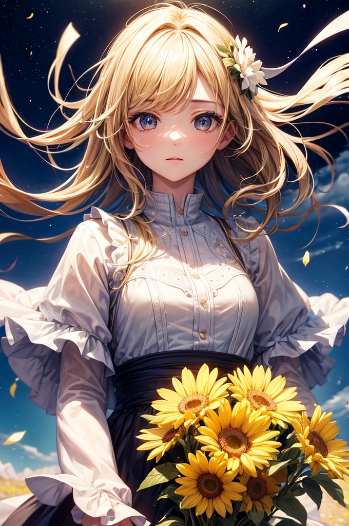(highest quality, masterpiece), 1 girl, Pause, particle, Wind, flower, Upper body, simple background, looking at the audience, blonde, milky way, beautiful