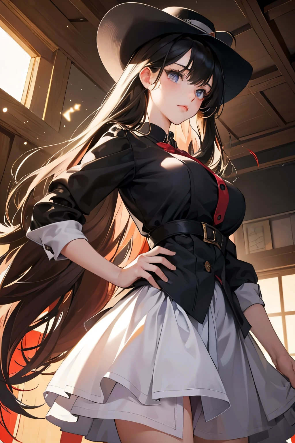 In the heart of a hidden studio, a masterpiece takes shape under the meticulous brushstrokes of a digital artist. The image comes to life, revealing a young girl with a best quality, highly detailed representation. Her expressive eyes, a fiery red, emit an intense gaze that seems to pierce through the screen. Black hair, long and flowing, frames her perfect face with distinct ahoge that add a playful touch. Her medium oppai are firm and straight, adding to her yandere personality.
The girl's round face is cute yet expressive, capturing the essence of her yandere persona. She wears a black cowboy hat, casting a mysterious aura over her ref
