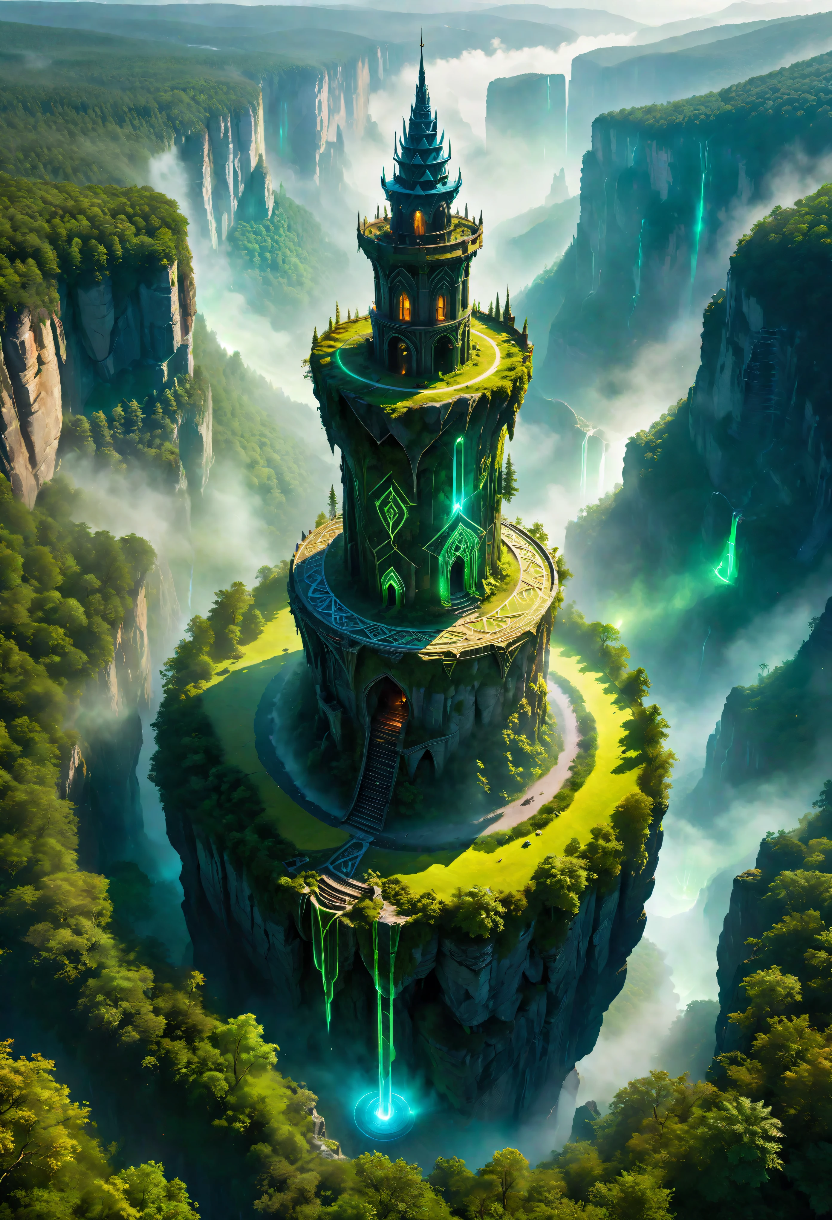 Aerial view of Towering steep and towering high magic tower in a cliff, wild forest, magical mist, asymmetric magic circle cliff canyon, ((Aerial view):1.2), (glowing runes), (glowing sigil), Coexistence with the natural environment, magic circle tower, lush colorful wild forest, beautiful landscape, magic tower, extremely detailed, best quality, masterpiece, high resolution, Hyperrealistic, 8K, top-view,  high angle view, BlueColor Palette, Minimalism.