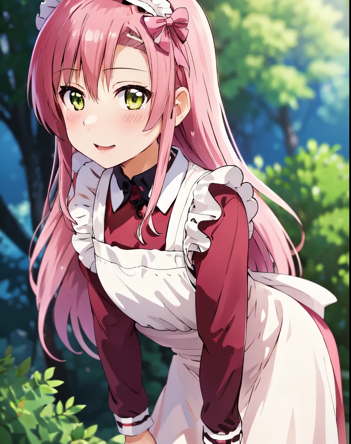 high quality、solo、one girl、hinagiku katsura、maid Cafe、Moe、Moe、yellow-green eyes、behold evil、pink hairの、pink hair, long hair,,8k images、cute maid clothes、dress properly、best pictures、cowboy shot、[3D images:1.25],[[charming eyes,detailed eye、shining eyes, colorful eyes:1.25]]、whole、Front view、alone、best pictures, soft light,