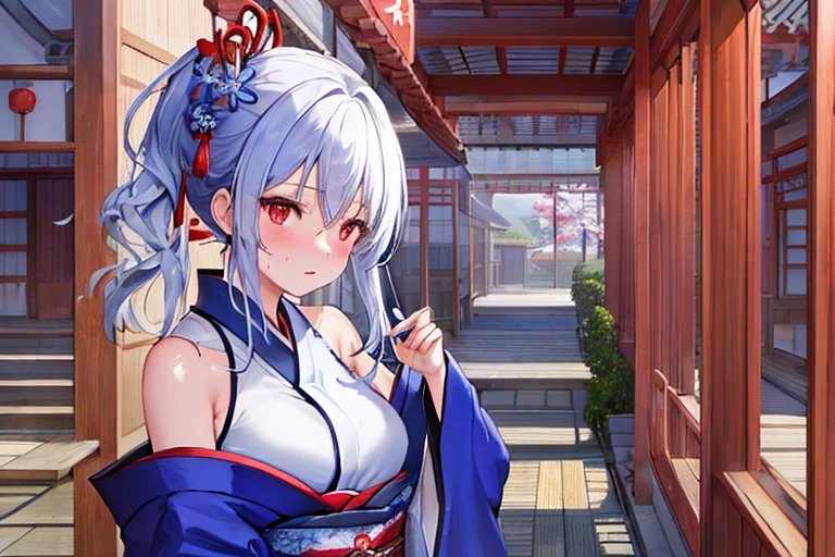 (best quality, masterpiece:1.2), Emphasis on composition and balance, Japanese architecture with beautiful blue, Kimonos and with many fine decorations and patterns, Disheveled hair and sweaty body, Delicately painted red eyes and white hair,