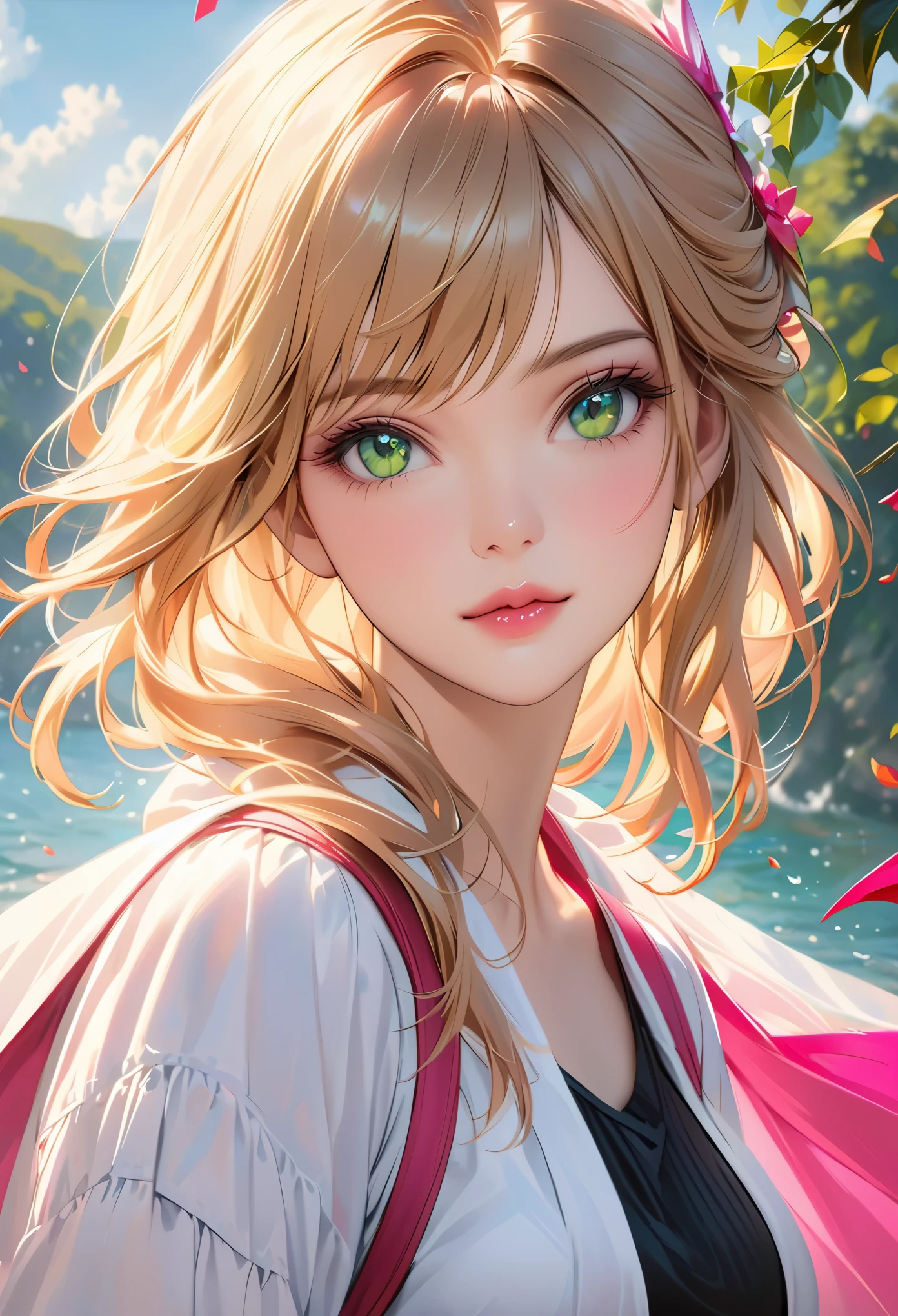 Woman with blonde hair and green eyes and pink bat and black top, realism art style, Ross paints portrait, portrait of aljem, Anime realistic art style, 4K photorealistic digital art, 4K photorealistic digital art, 8K Artgerm bokeh, deviantart art station cgscosiety, ArtGerm Very detailed, Produced by Anime Painter Studio, RossDraw Numbers