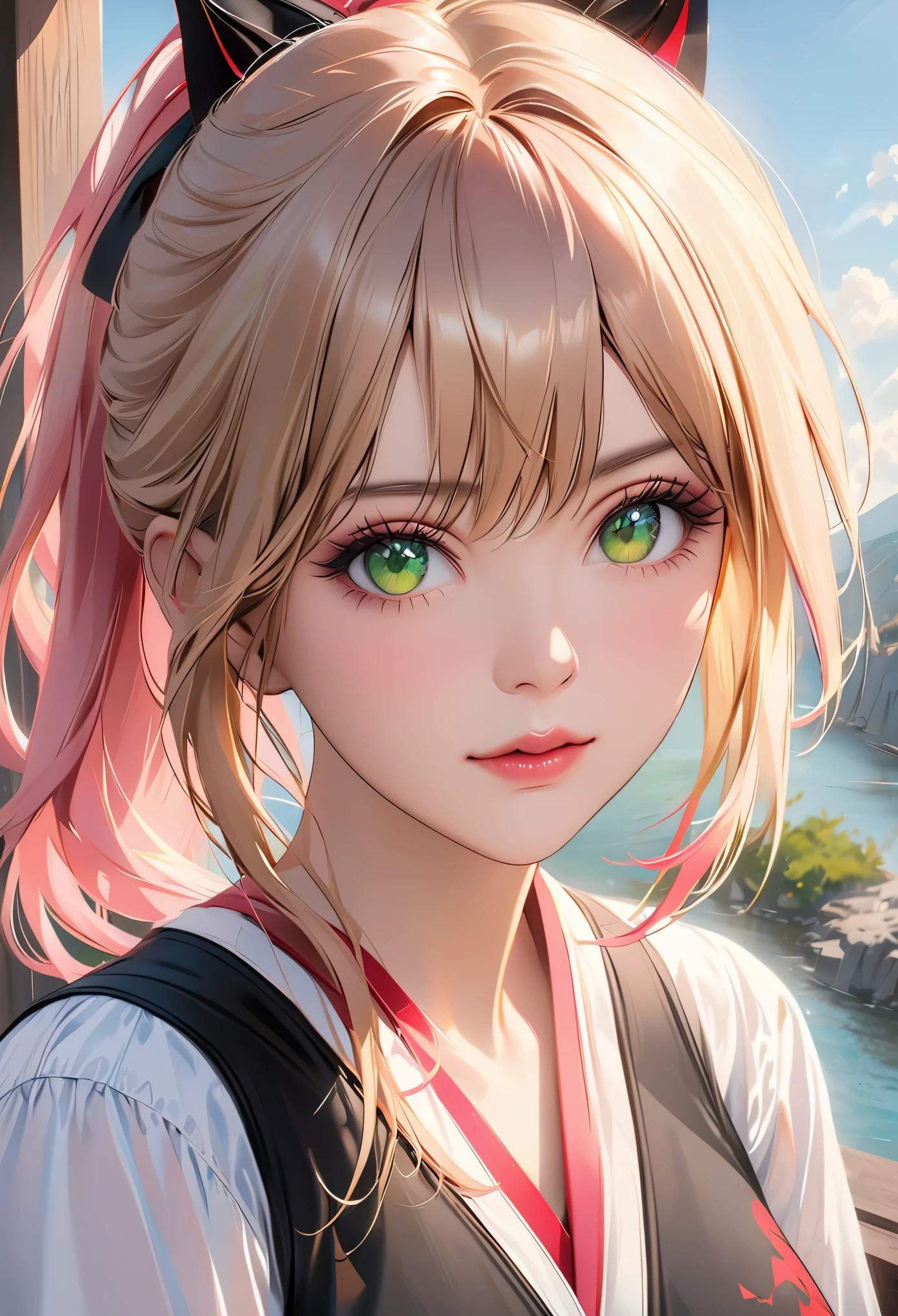 Woman with blonde hair and green eyes and pink bat and black top, realism art style, Ross paints portrait, portrait of aljem, Anime realistic art style, 4K photorealistic digital art, 4K photorealistic digital art, 8K Artgerm bokeh, deviantart art station cgscosiety, ArtGerm Very detailed, Produced by Anime Painter Studio, RossDraw Numbers