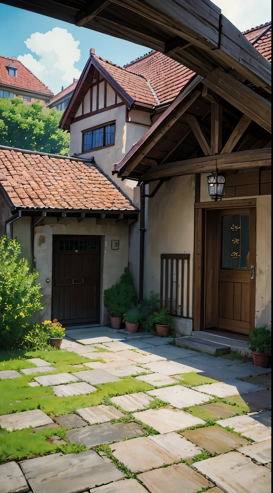 house, village view, daylight, visible from the front, solid picture