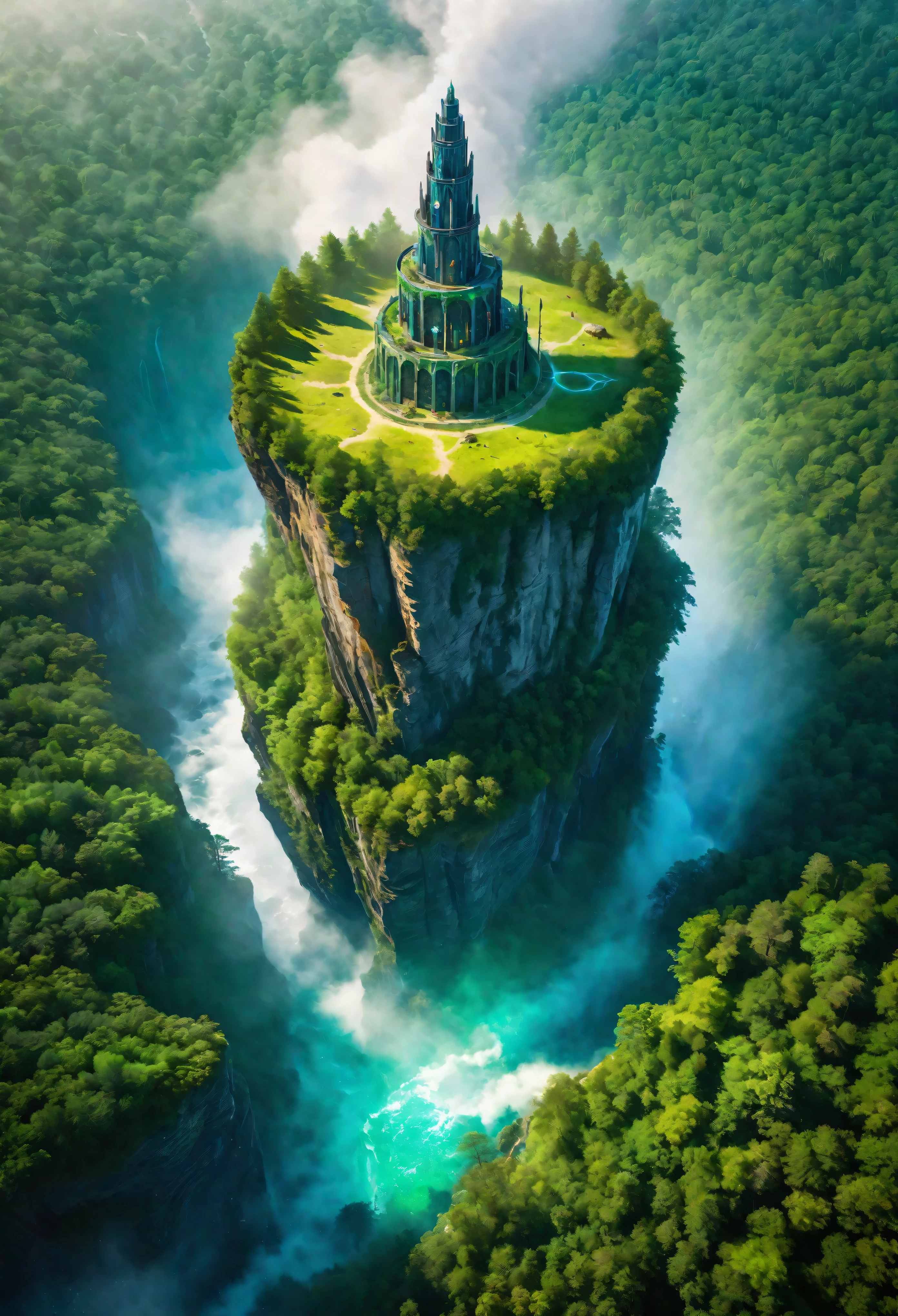 Aerial view of Towering steep and towering high magic tower in a cliff, wild forest, magical mist, asymmetric magic circle cliff canyon, ((Aerial view):1.2), (glowing runes), (glowing sigil), Coexistence with the natural environment, magic circle tower, lush colorful wild forest, beautiful landscape, magic tower, extremely detailed, best quality, masterpiece, high resolution, Hyperrealistic, 8K, top-view, high angle view, BlueColor Palette, Minimalism.