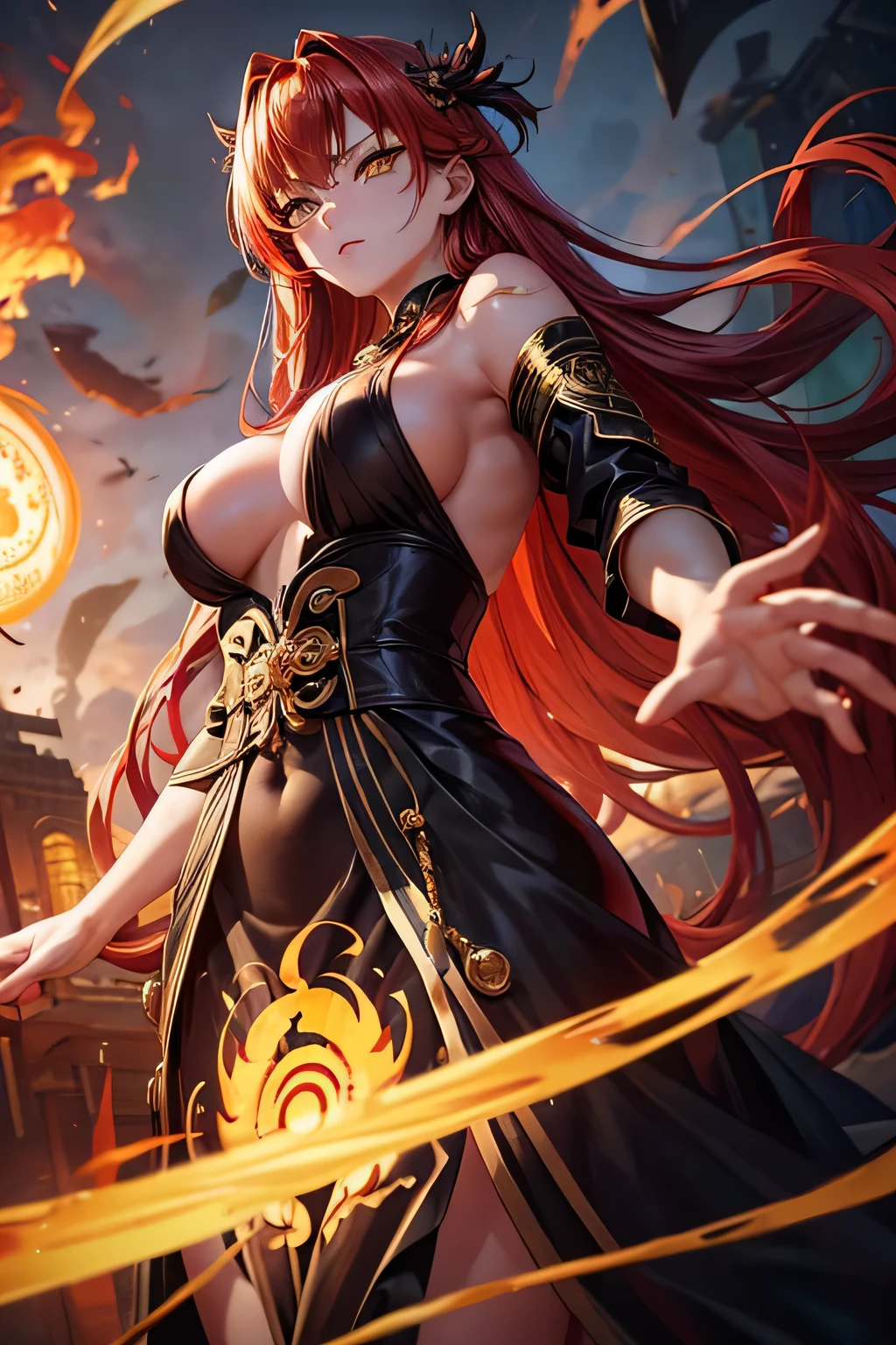 golden eyes、facial scars、hair ornaments、(((golden eyes)))、naked、pubic hair、female organ、strong wind、storm、tattoo、enveloped in flames、Beautiful Girl Magician、red hair long、((whole body))、(((photo taken from below)))、darkne magic circle