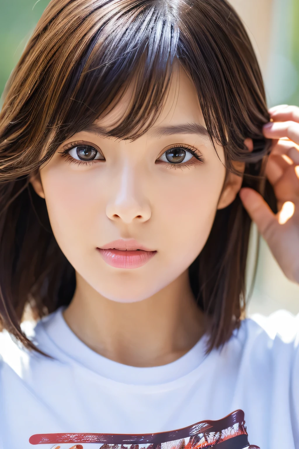 product quality, 1 girl per photo, Japanese young cute girl, long hair, Wearing a T-shirt with graphics printed on it, super cute face, glossy lips, double eyelids of both eyes, natural makeup, Shiny and smooth light brown long bob hair, asymmetrical bangs, tanned skin, center image, 8K resolution, high detail, detailed hairstyle, detailed face, cinematic lighting, octane rendering, surreal, perfect limbs, perfect anatomy