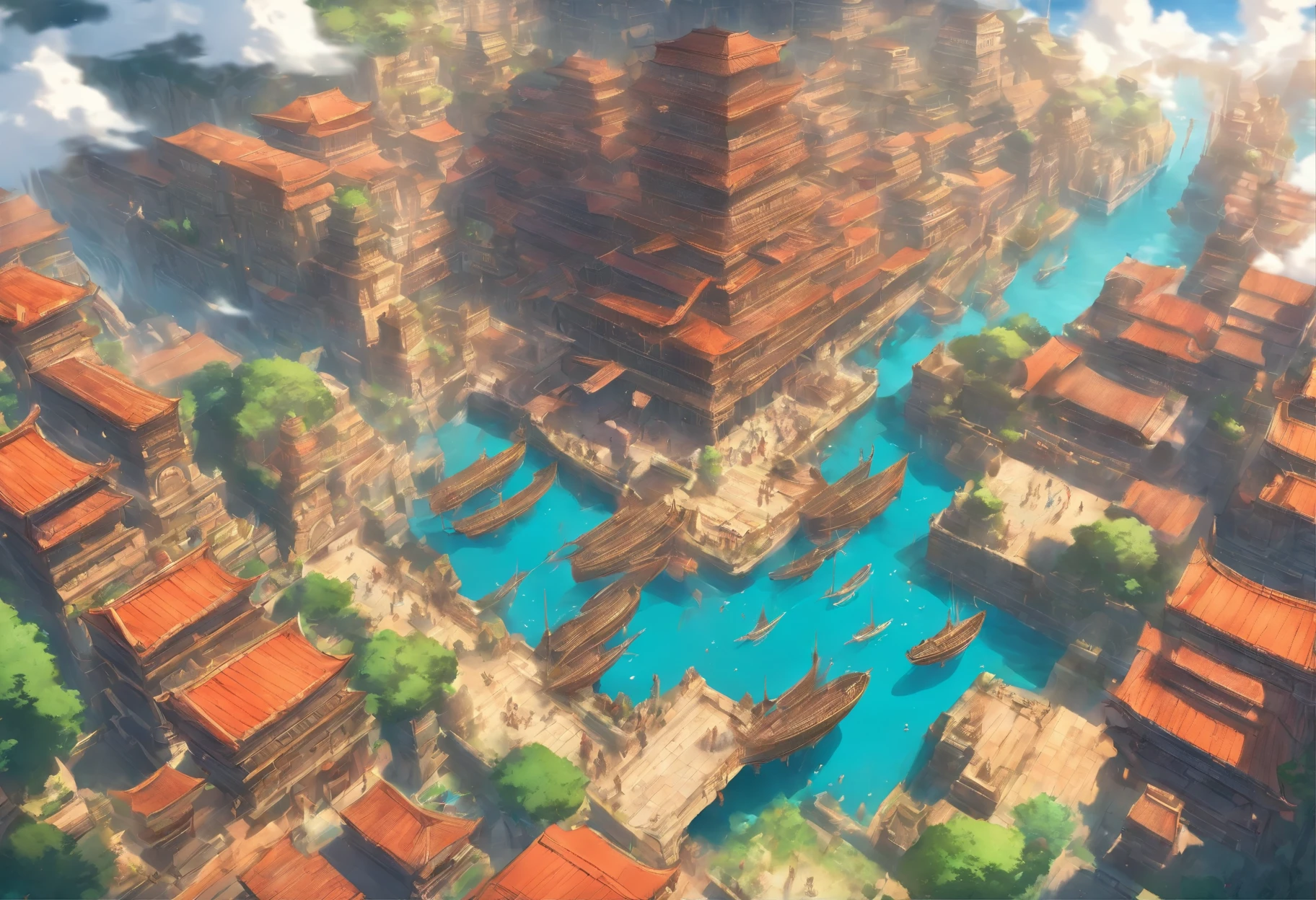 Ancient civilizations that once flourished, gorgeous sights, and groups of airships passing by, bird's eye view, aerial view