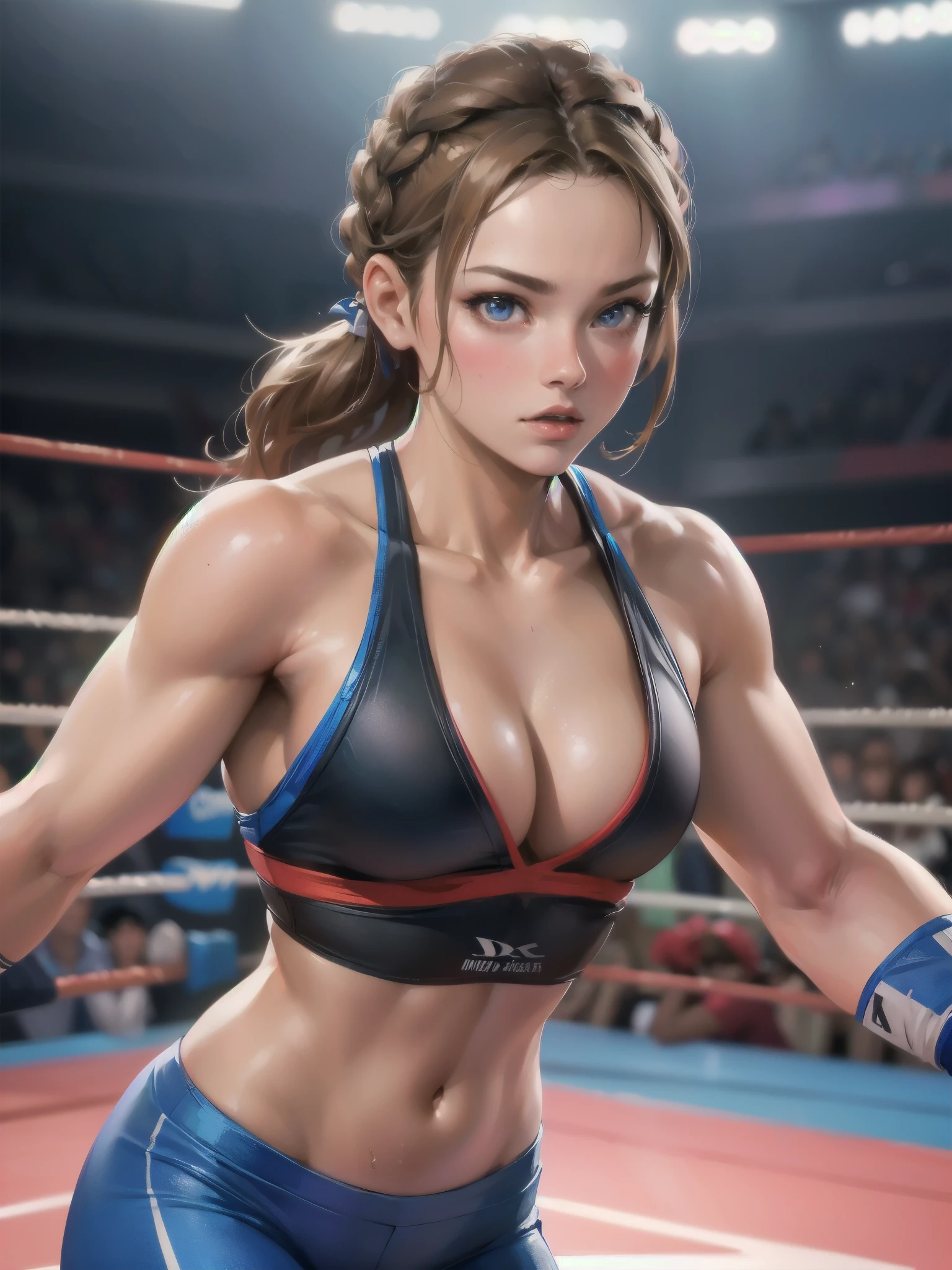 high quality,HD,16k,sharp lines,1 girl,Female wrestling athlete ,cute face, large breasts, nice legs,At the wrestling venue,focus girl,detailed beautiful face,detailed clothes,beautiful eyes,cool,dynamic angle