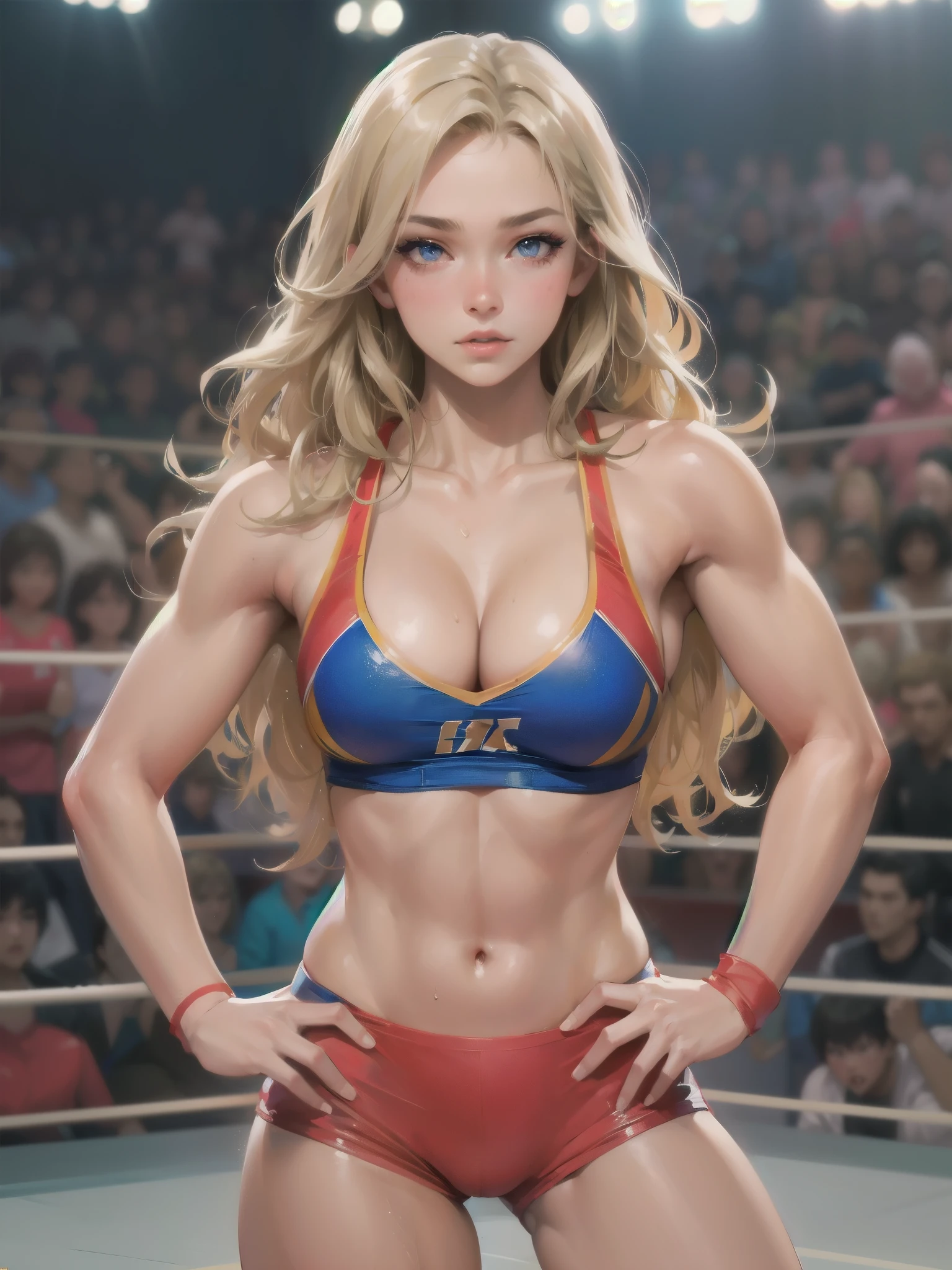 high quality,HD,16k,sharp lines,1 girl,Female wrestling athlete ,cute face, large breasts, nice legs,At the wrestling venue,focus girl,detailed beautiful face,detailed clothes,beautiful eyes,cool,dynamic angle