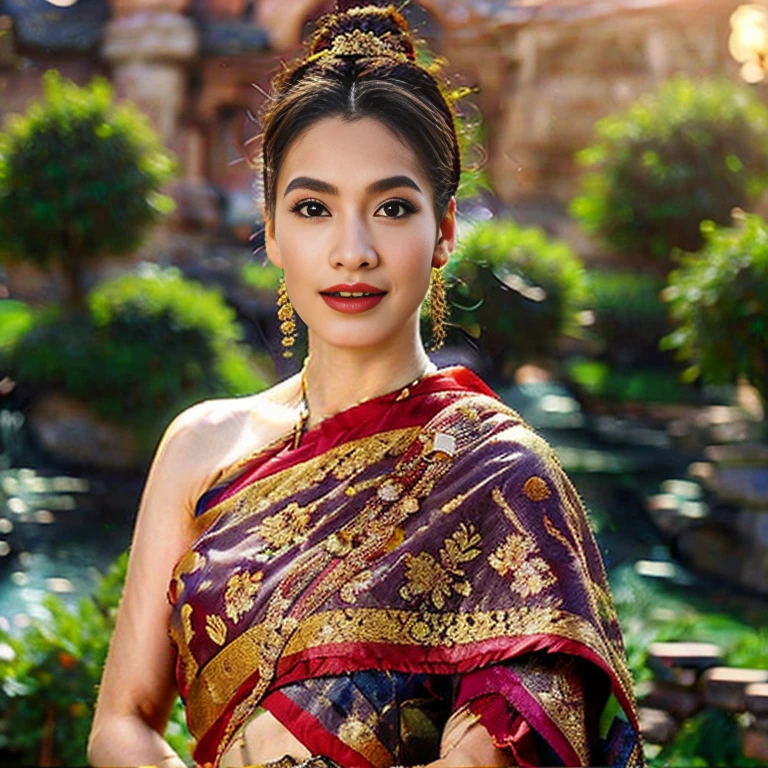 A stunningly realistic depiction of a woman of pure beauty against the backdrop of a sacred and magical world., With intricately detailed backgrounds that immerse viewers in a mesmerizing atmosphere..