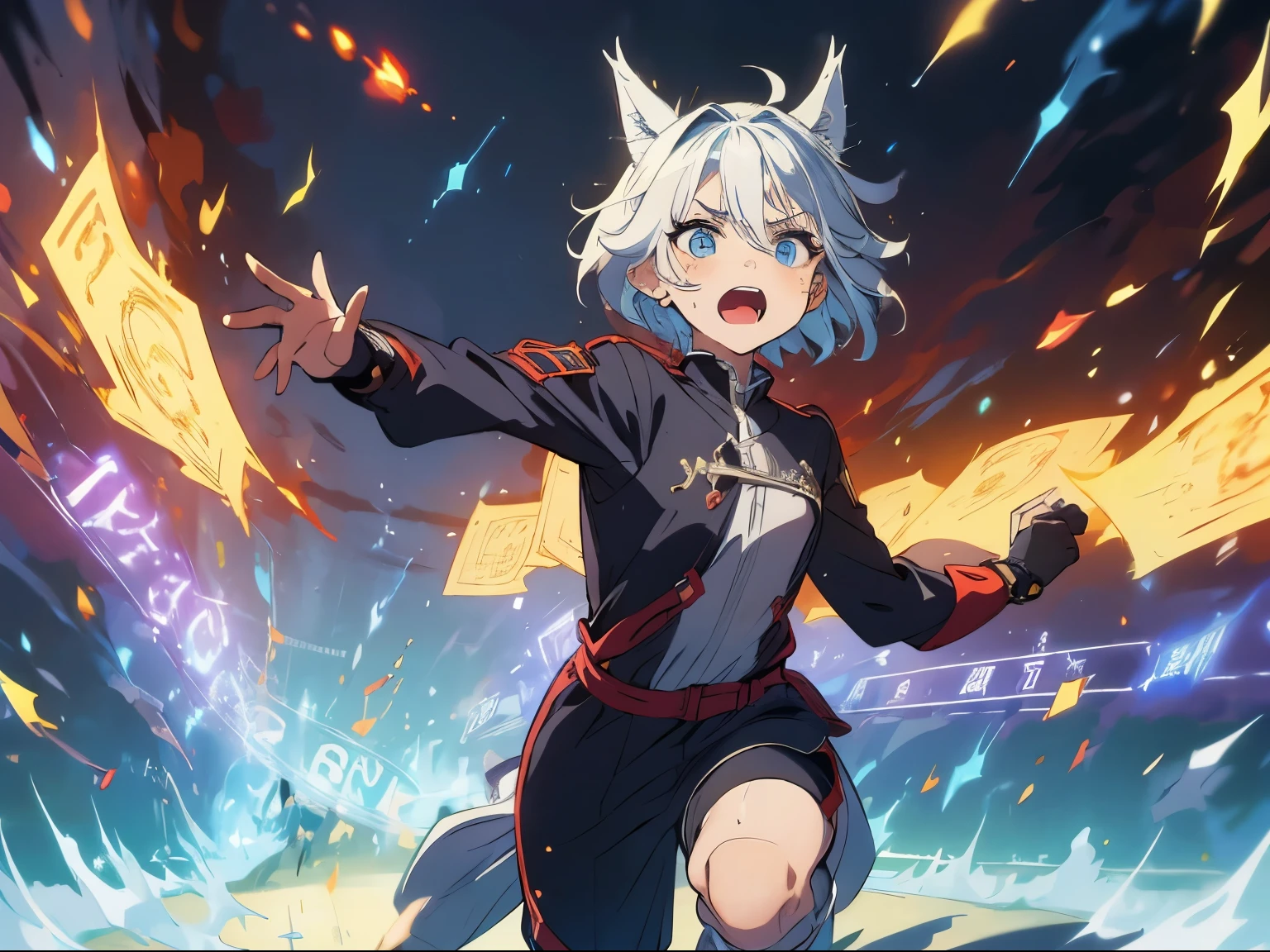 (boy:1.5),masterpiece, A world where magic and technology coexist, man with cat ears (gray hair, short hair) ,boyish,Hone your skills、Let's go on a journey to uncover the secrets of power.., beautiful eyes、fantasy,depicted in detail,Upper body,sacred magic,Shining magic,pants,sing a song,(running:1.9),Paled face,(sweaty skin:1.5),escape in collapse billding,