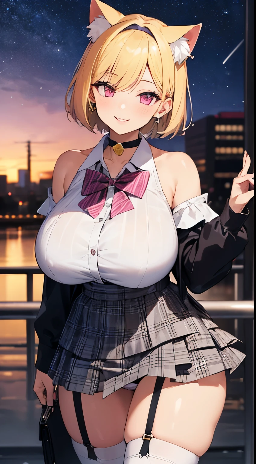 1 girl, alone, blonde hair, scene hair, Barrette, Pink stripes, striped hair, short hair, off shoulder shirt, outdoors, cityscape, starry sky, flower, head band, (Cat ear), ???? shoulders, micro skirt, plaid skirt, garter belt, earrings, thick lips, pink eyes, layered hair, ????????????, long sleeve, thick thighs, (anime:1.2), dull bang, eye make up, choker, bow tie, Are standing, handbag, pearl earrings, cowboy shot, head tilt, smile,blonde hair、???????????、I can see panties
