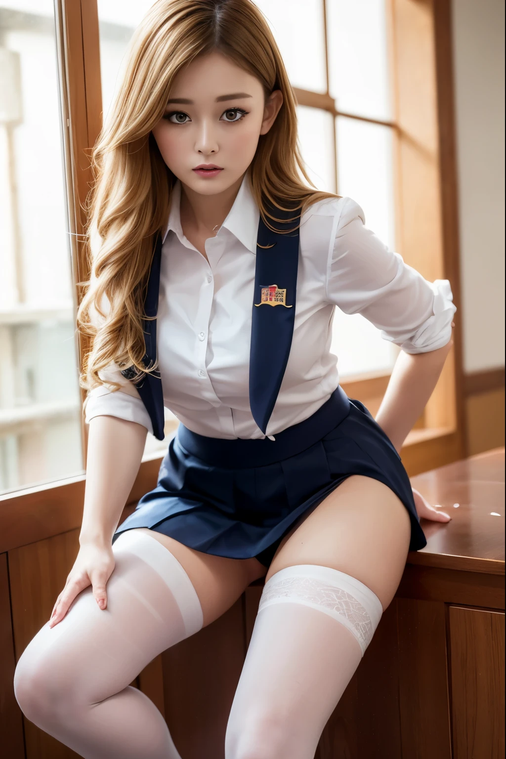(highest quality,4k,masterpiece:1.2),Beautiful woman,1 girl,sexy:1.1,dark yellow hair:1.1,woman wearing school uniform,soaking wet uniform,super detailed face,lip details,fine eyes,double eyelid,miniskirt white stockings,stand up,(pants are visible、underwear is visible、Panty shot)、turn up the skirt、Full body shot,show the whole body