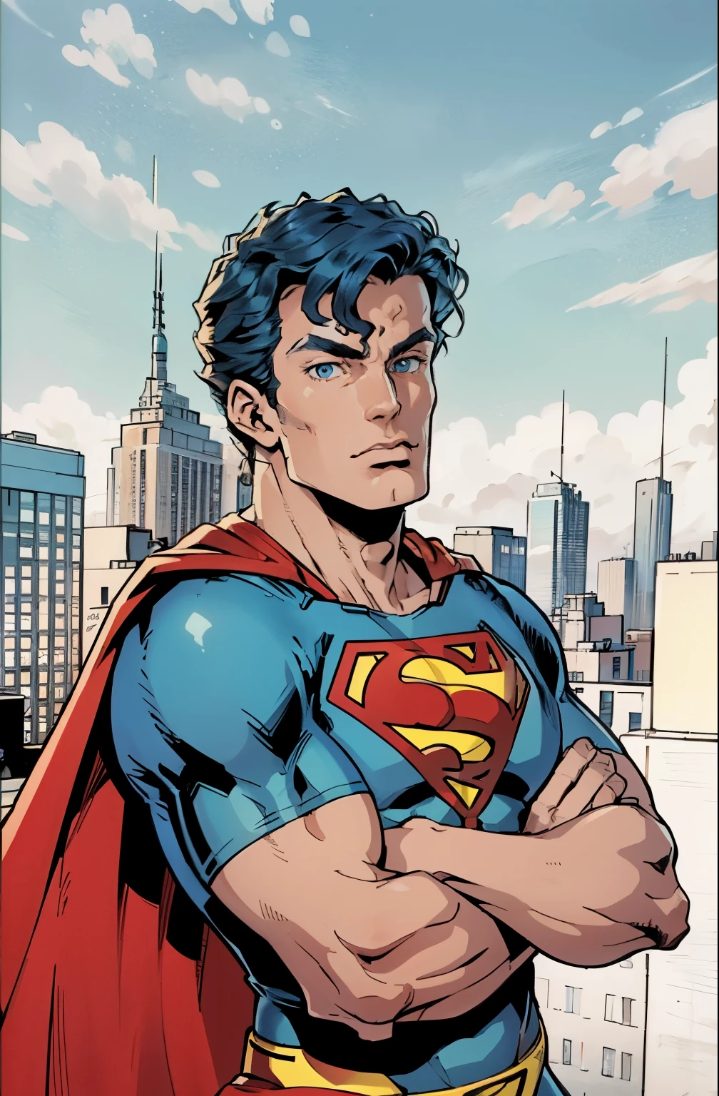 Alafid man sitting on windowsill，The background is a city,  ((superman suit))，(blue eyes),90s cartoons ,marvel comic，The background is New York City，Professional comic style, prominent contour lines